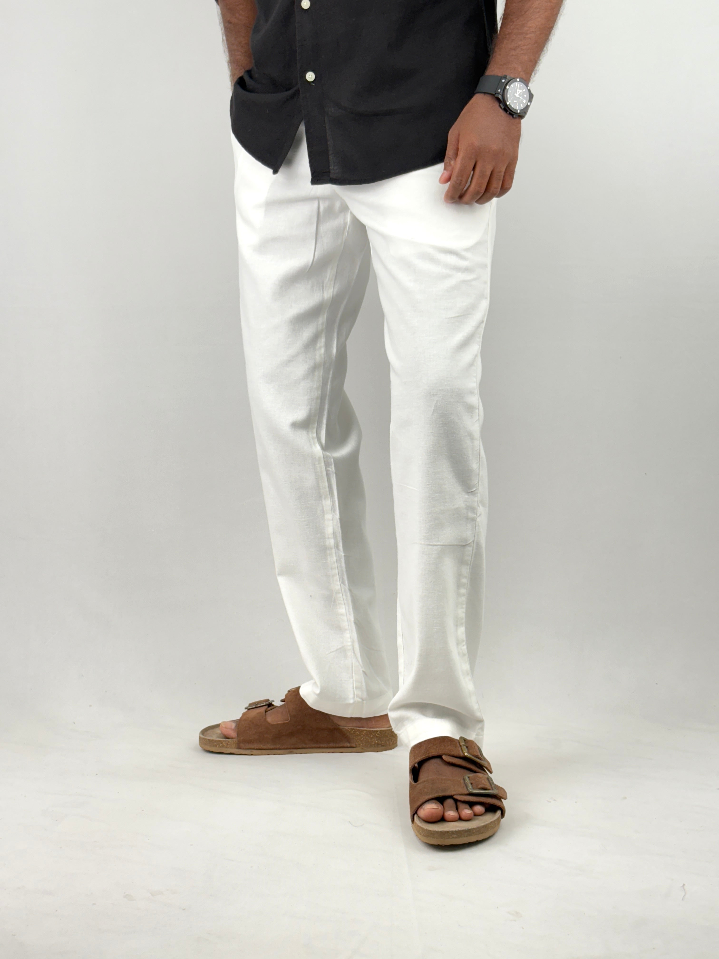 White Relaxed Fit Linen Pants