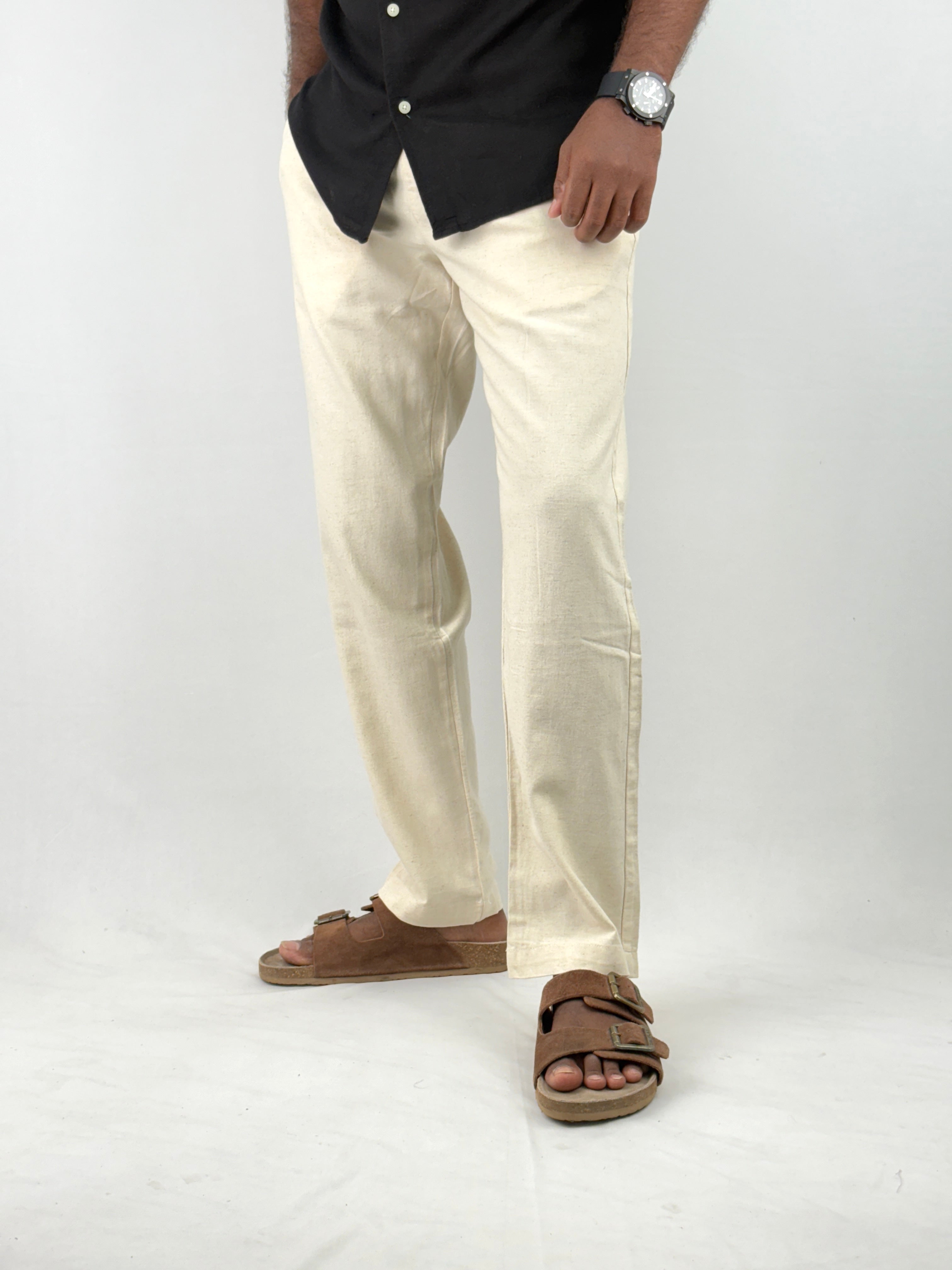 Beige Relaxed Fit Linen Pants
