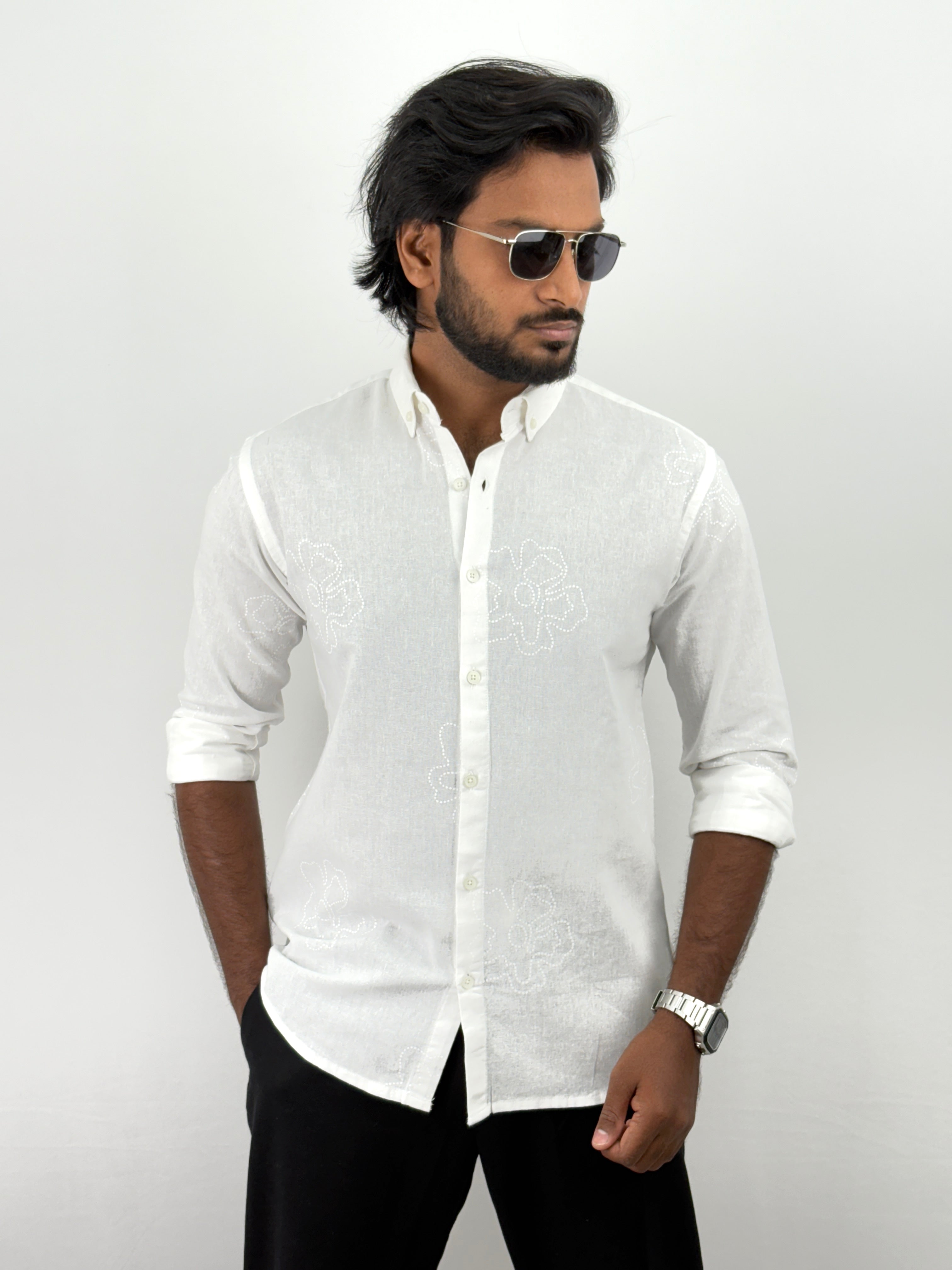 White Printed Linen Shirt