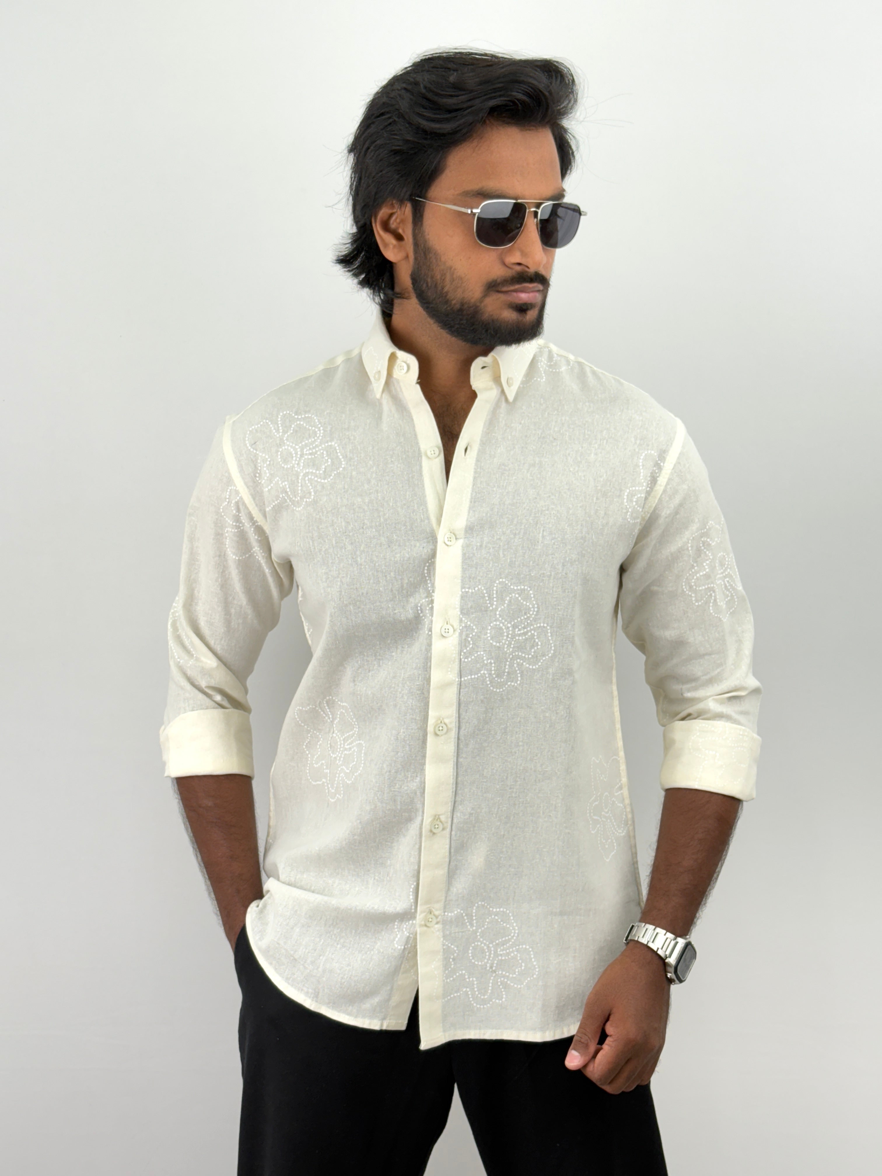 Cream Printed Linen Shirt