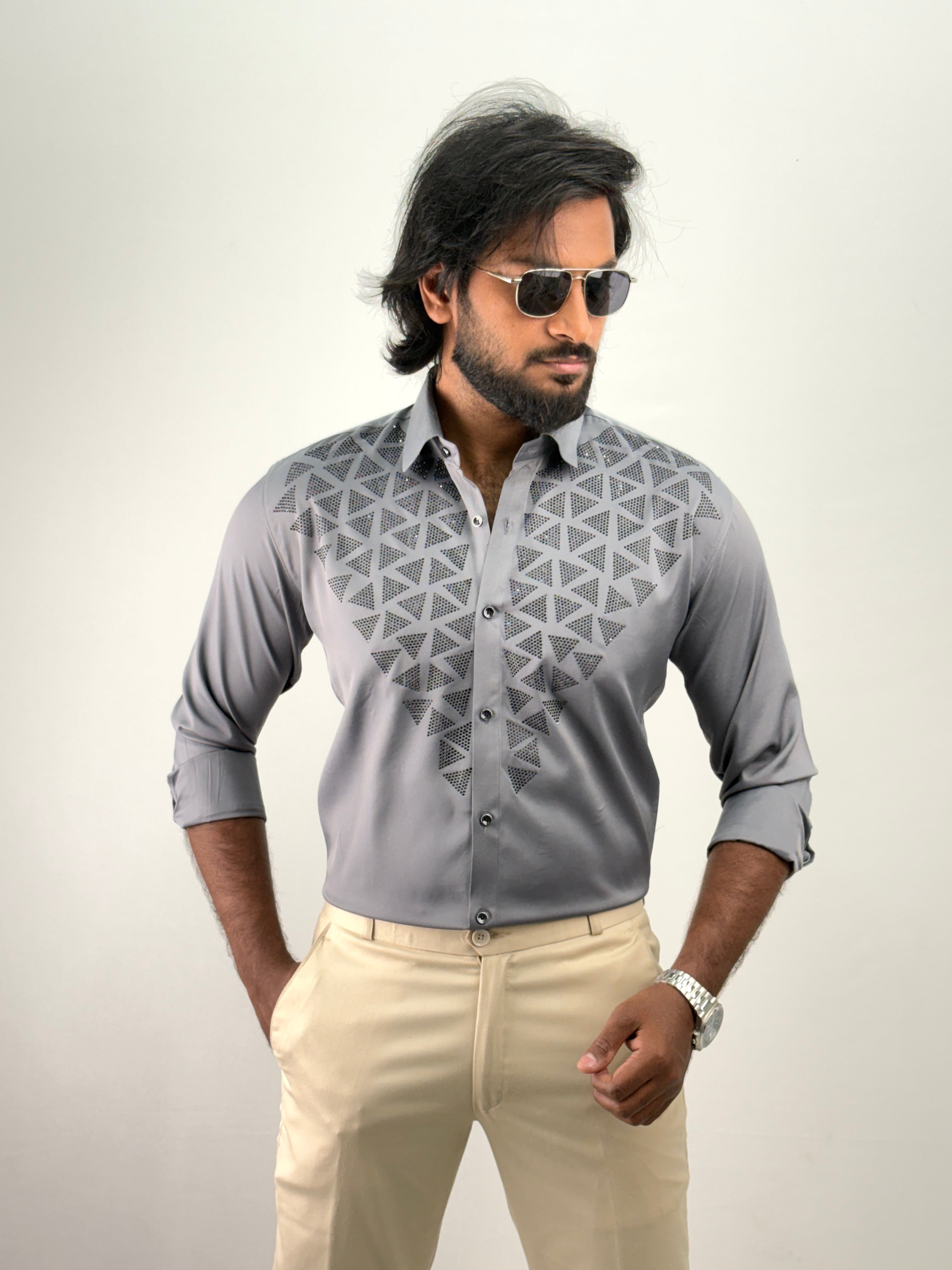 Dark Grey Designer Stone Work Shirt 8