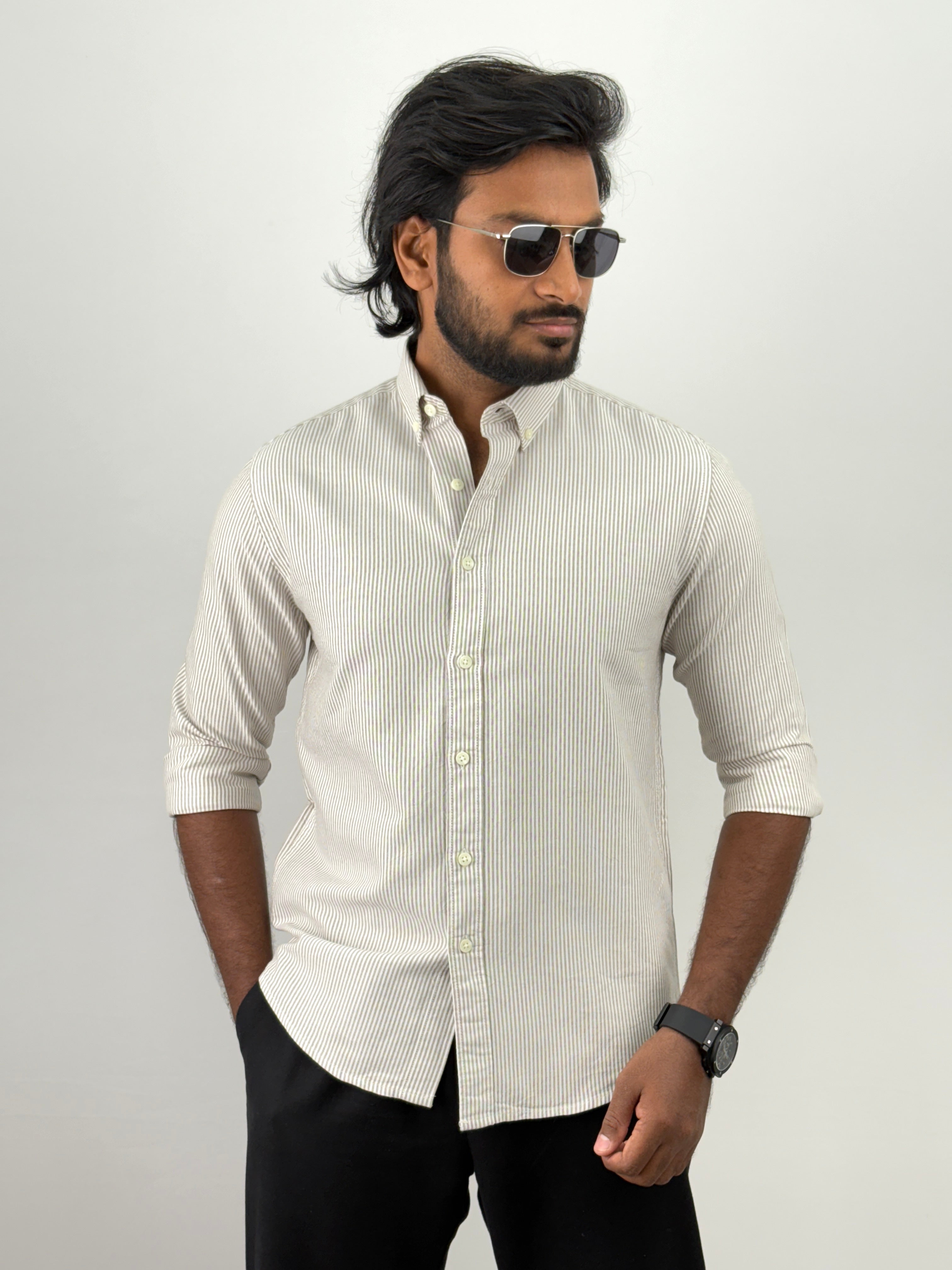 Brown Elbow Patch Stripe Shirt