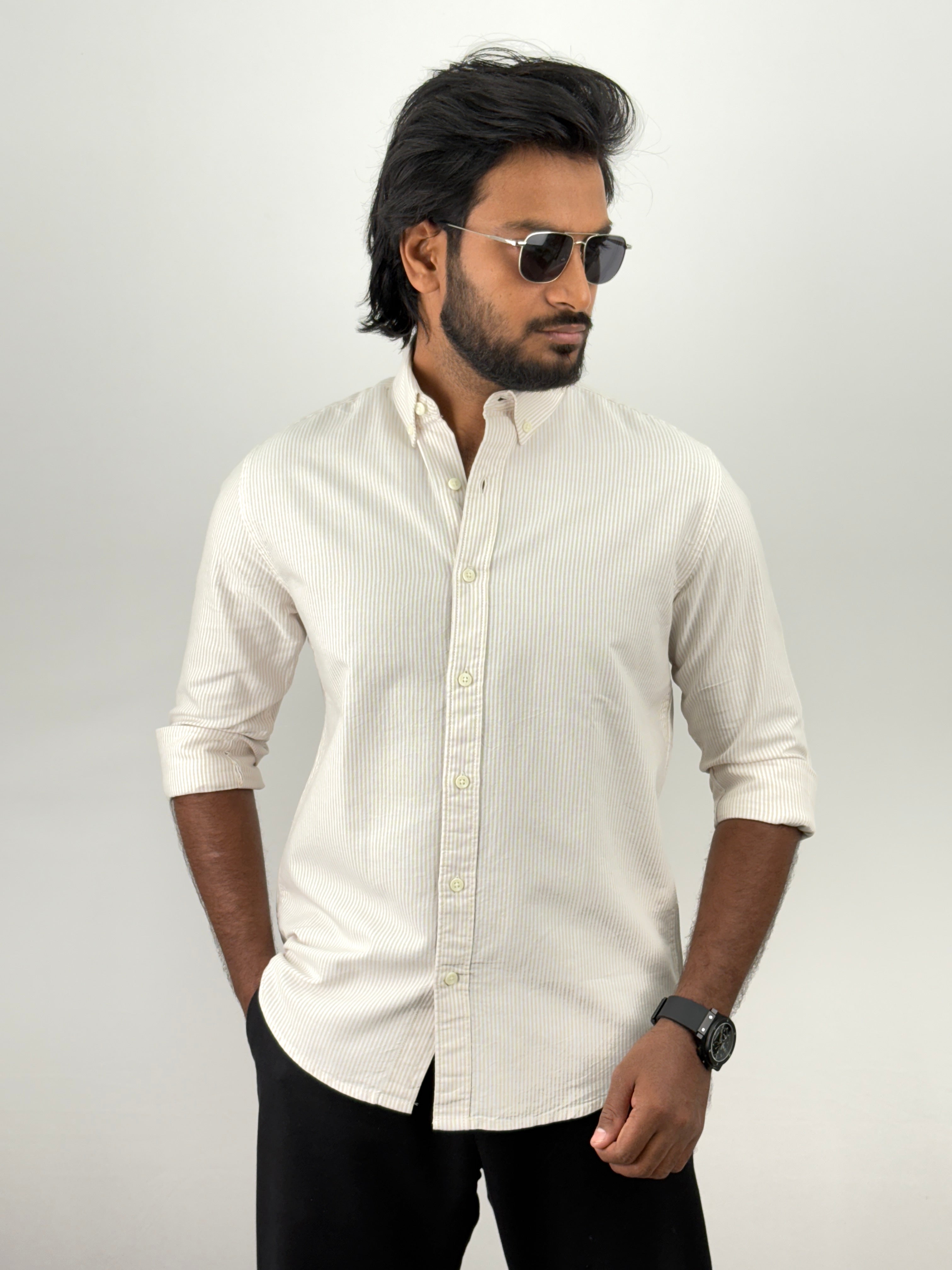 Beige Elbow Patch Stripe Shirt