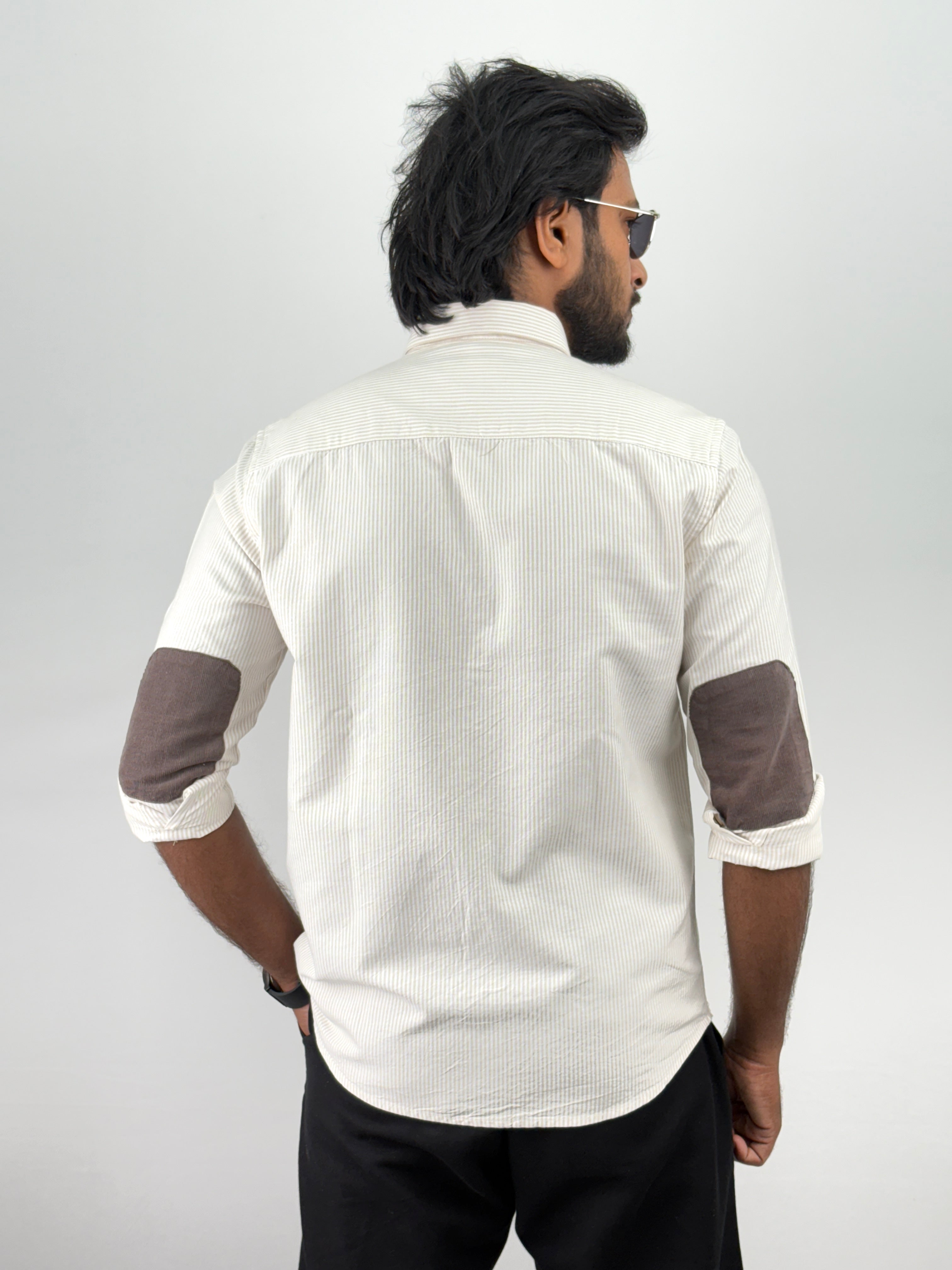 Beige Elbow Patch Stripe Shirt