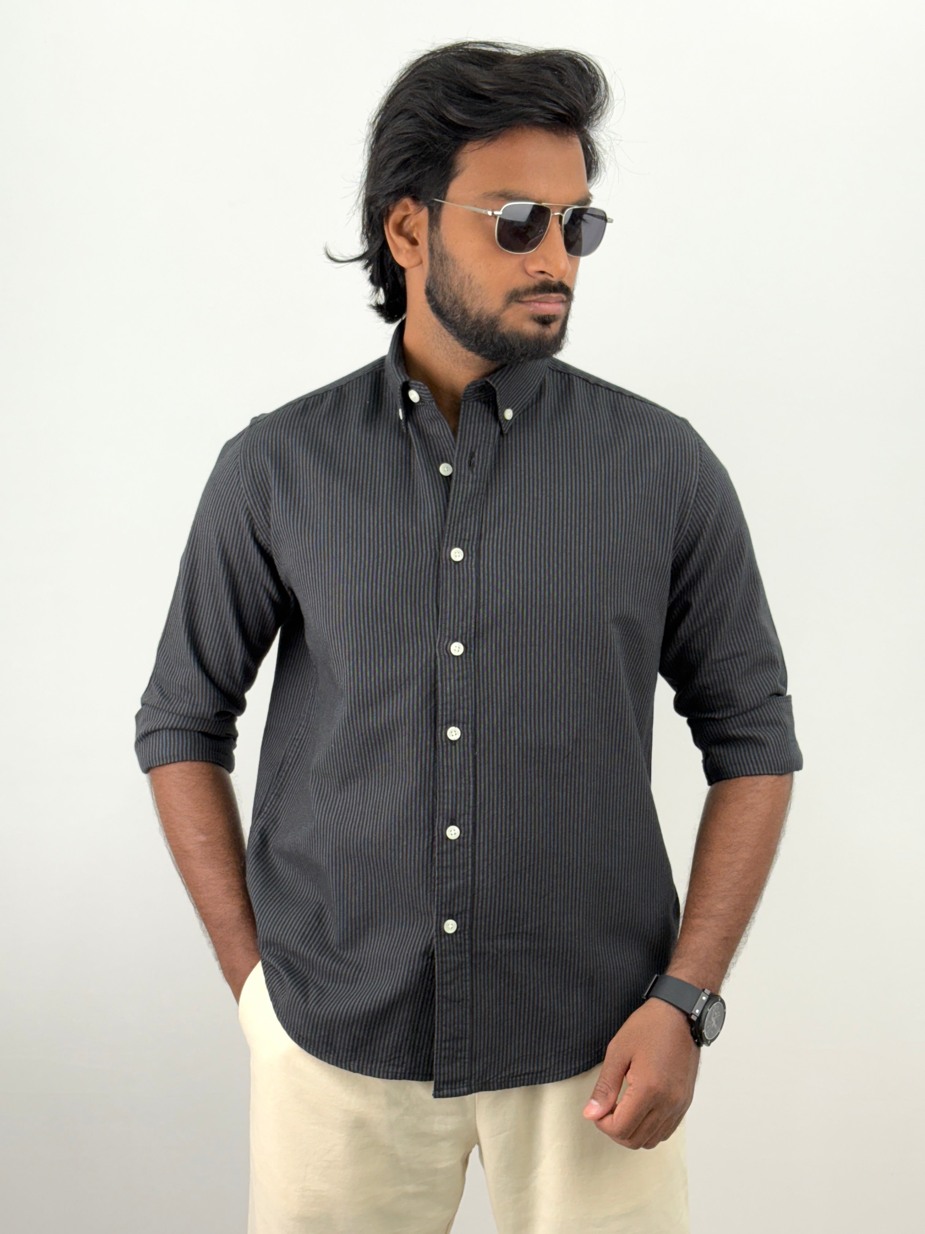 Black Elbow Patch Stripe Shirt