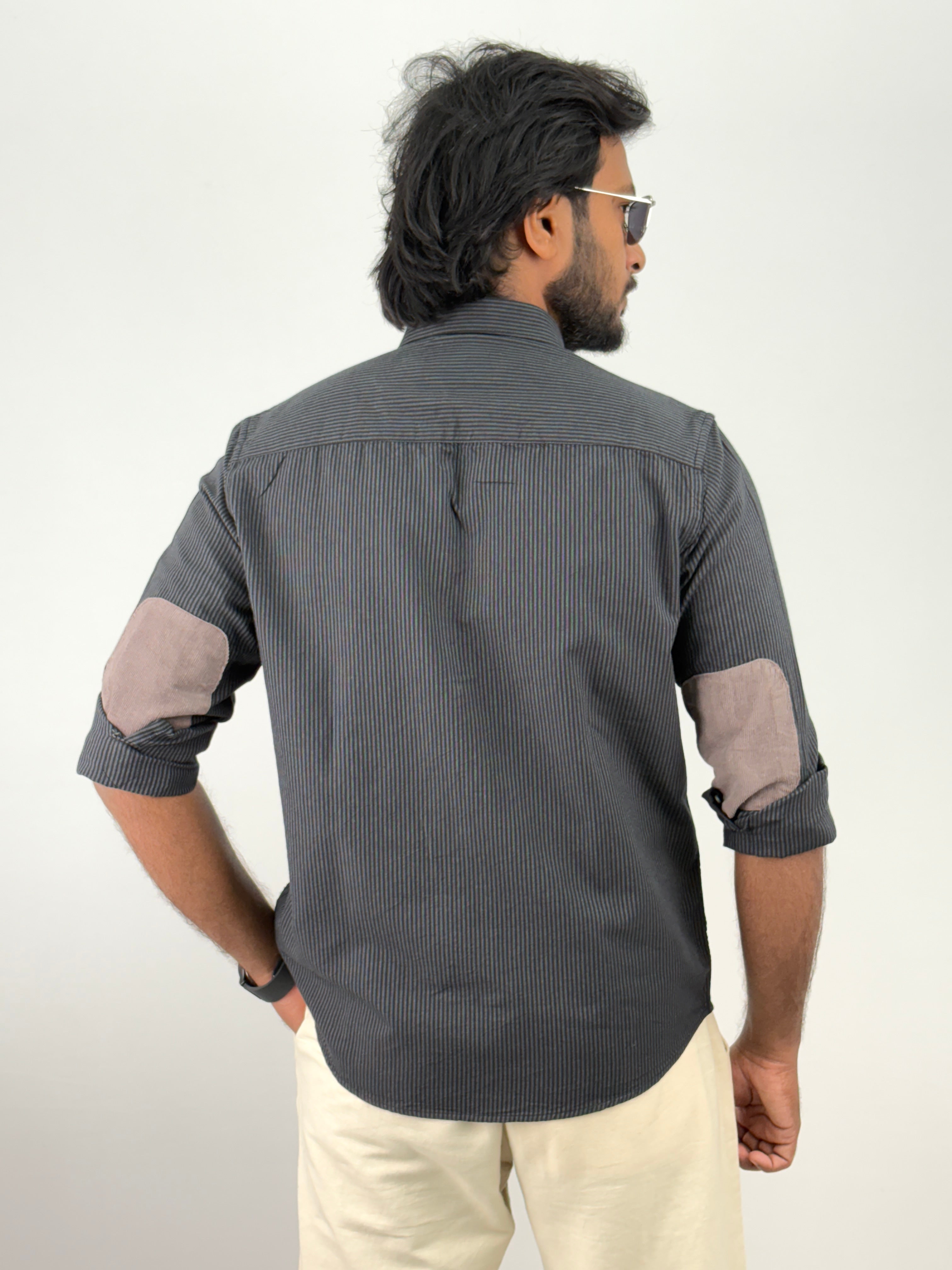 Black Elbow Patch Stripe Shirt