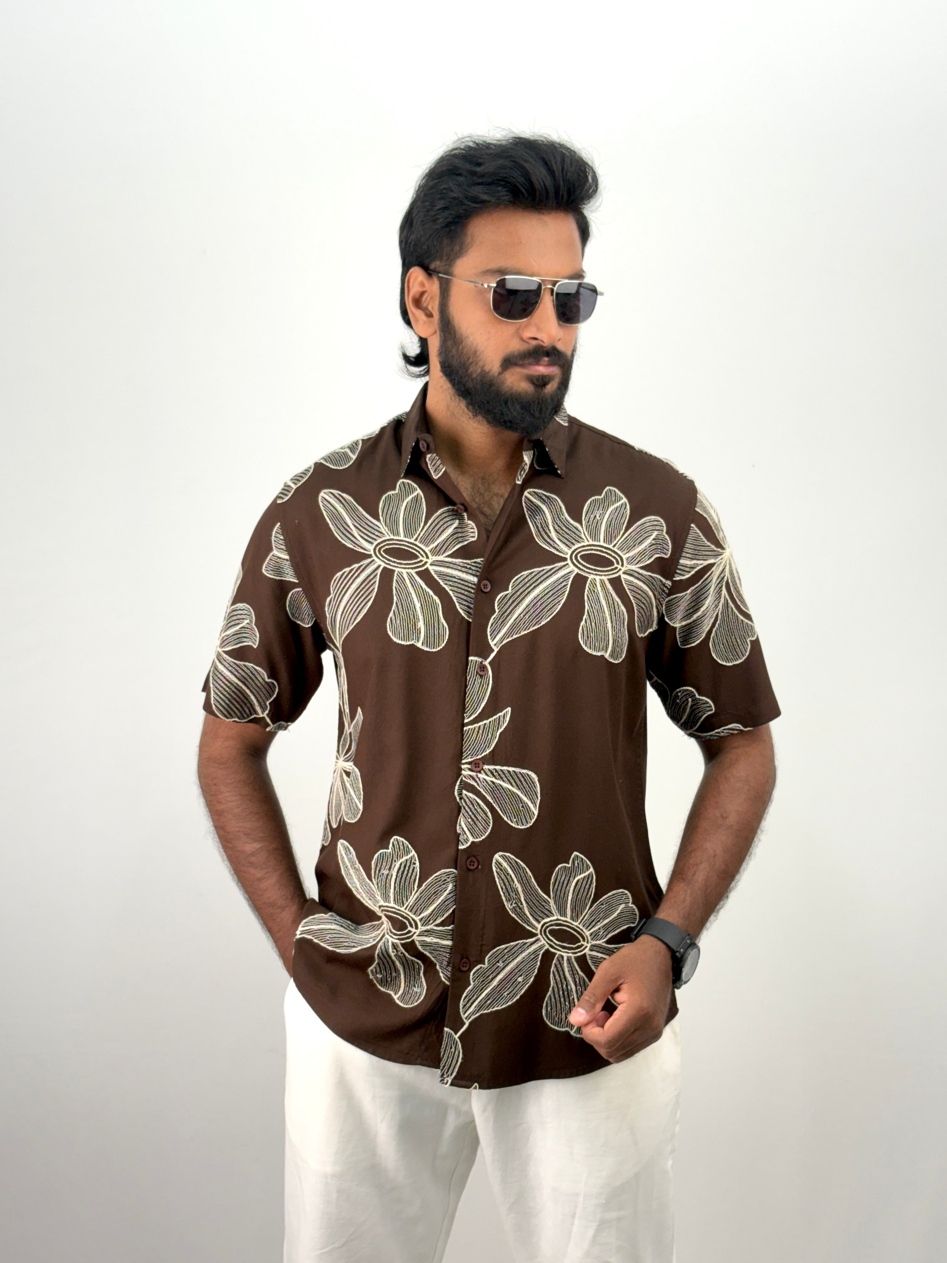 Brown Half Sleeve Embrodery Shirt