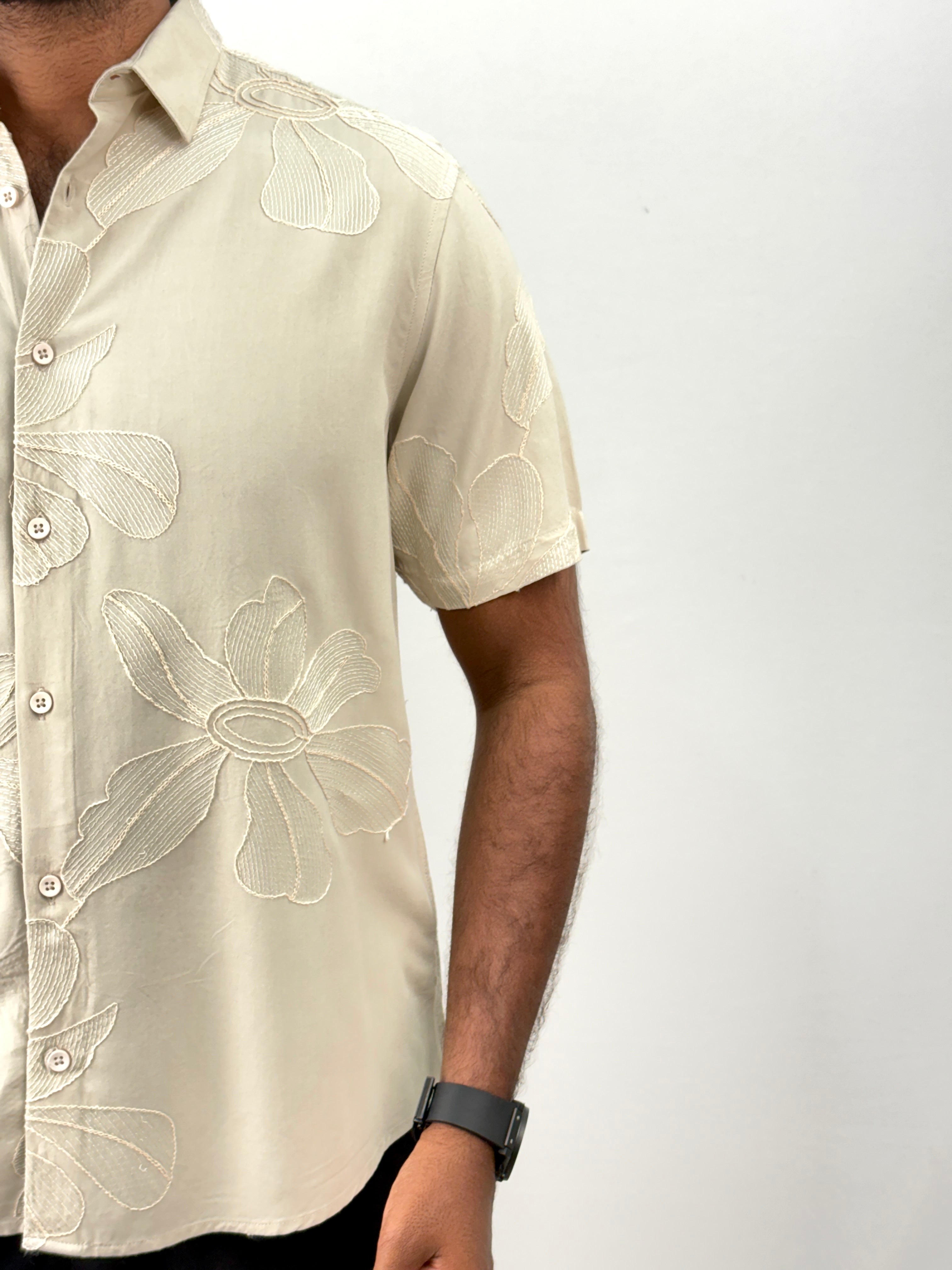 Beige Half Sleeve Embrodery Shirt