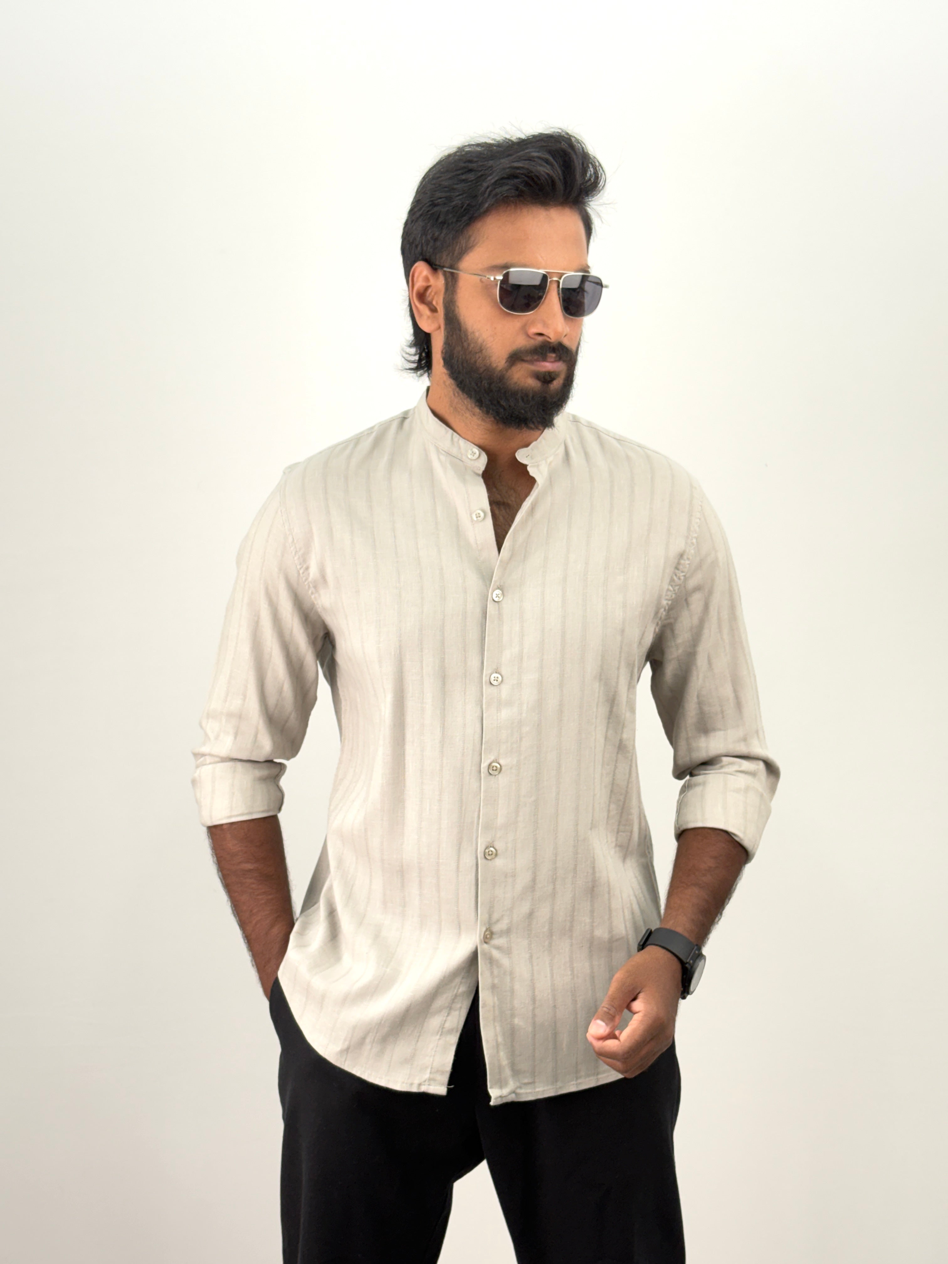 Grey Mandarin Collar Stripe Shirt