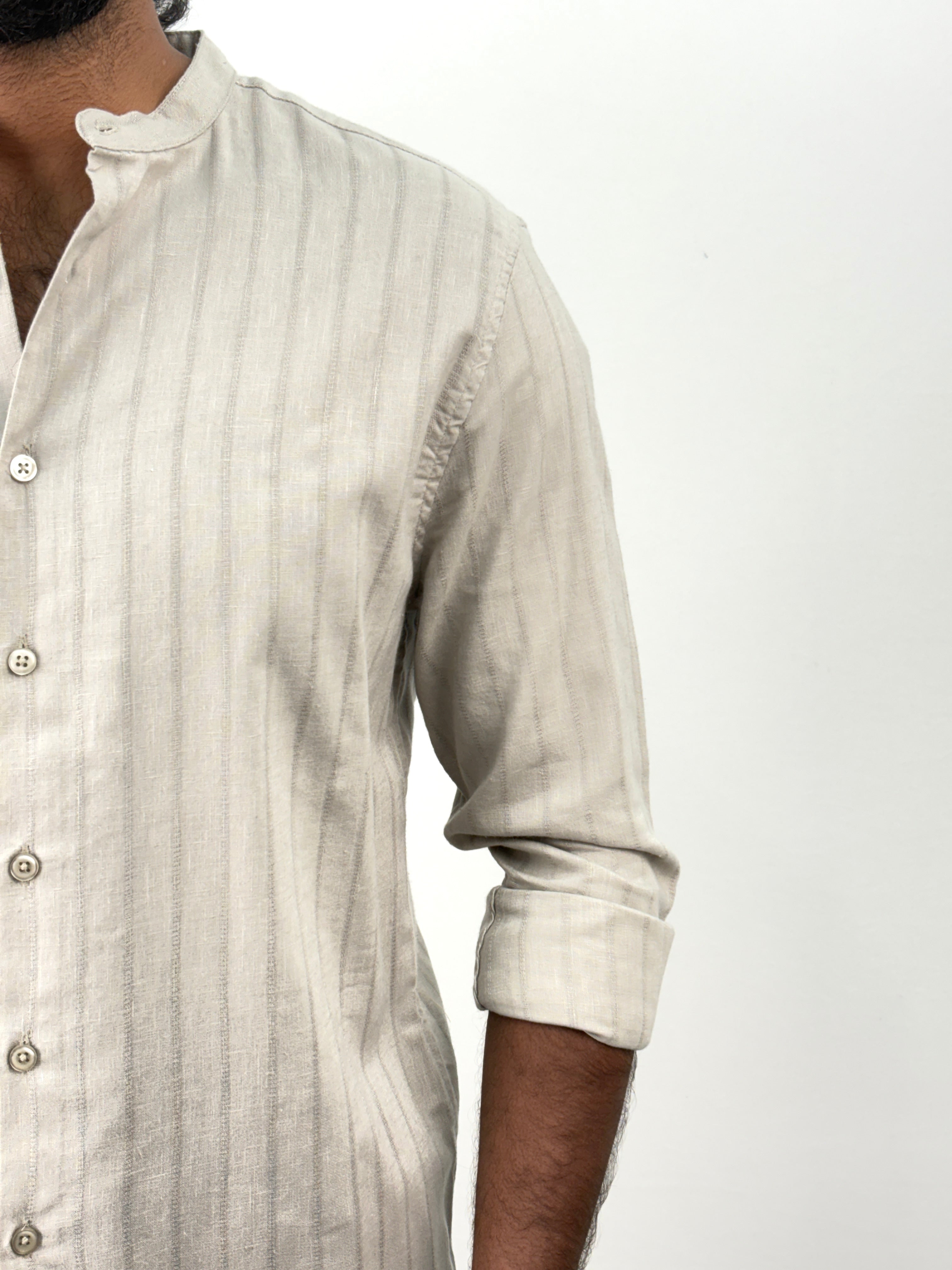Grey Mandarin Collar Stripe Shirt