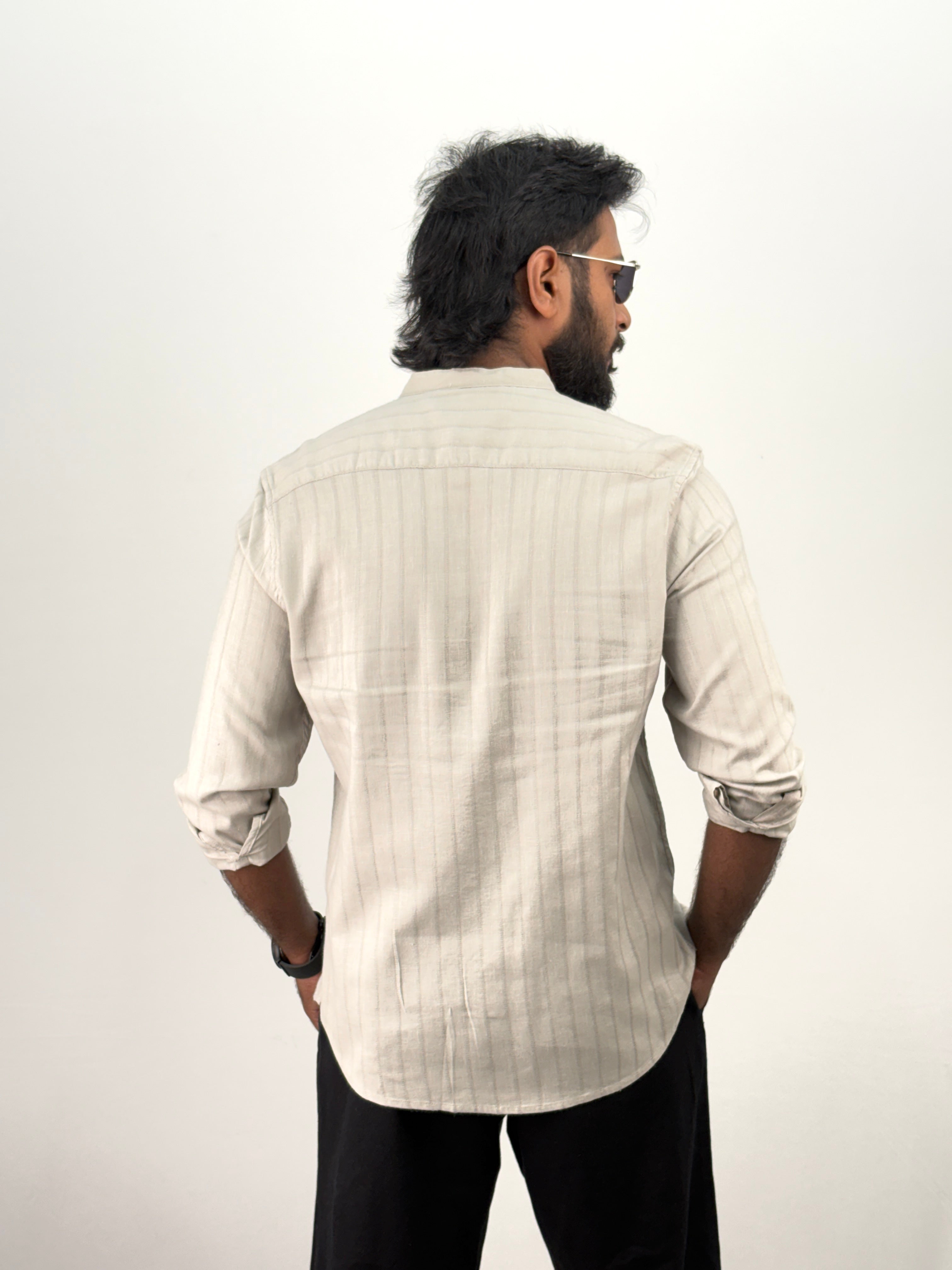 Grey Mandarin Collar Stripe Shirt