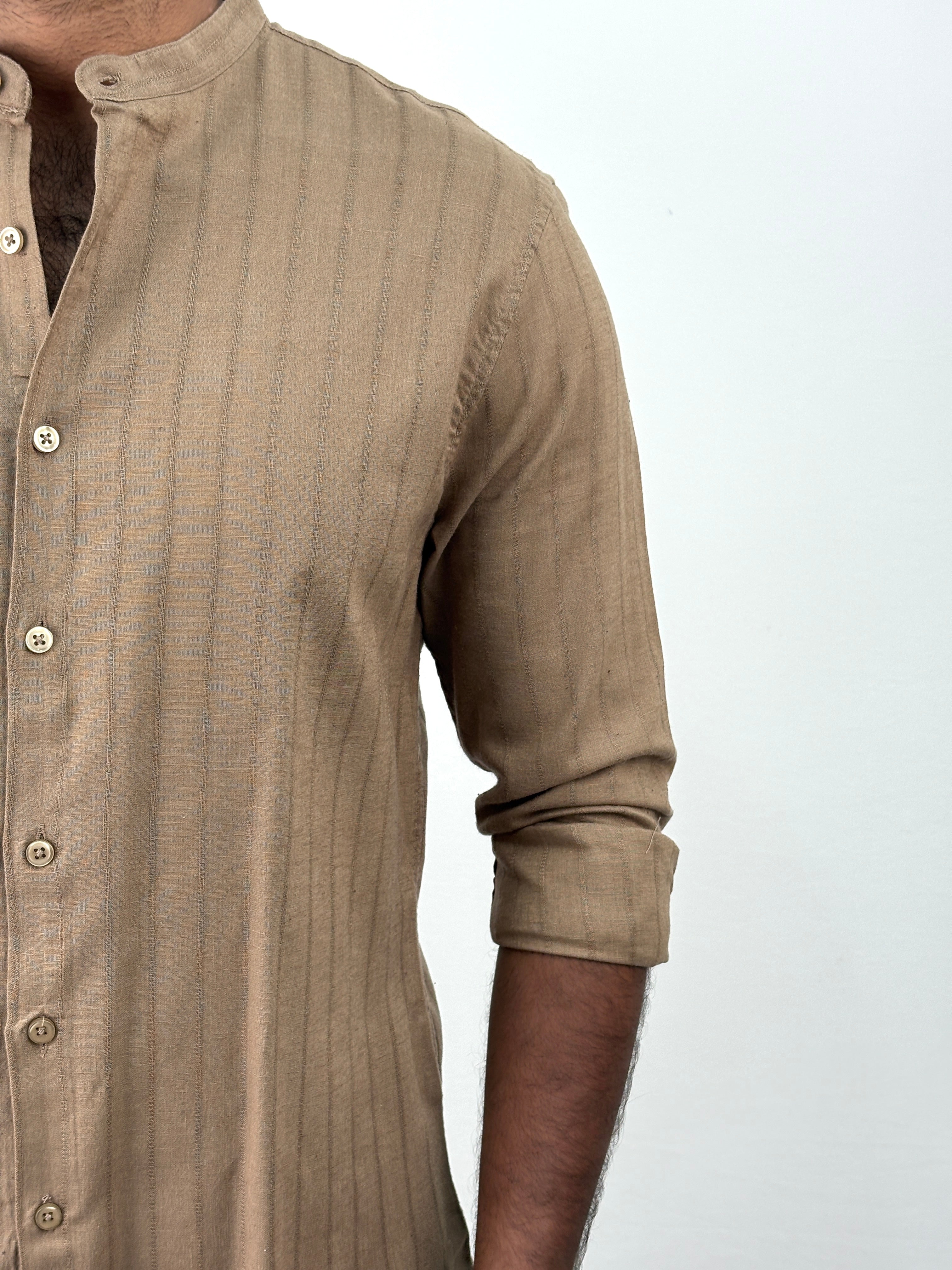 Light Brown Mandarin Collar Stripe Shirt