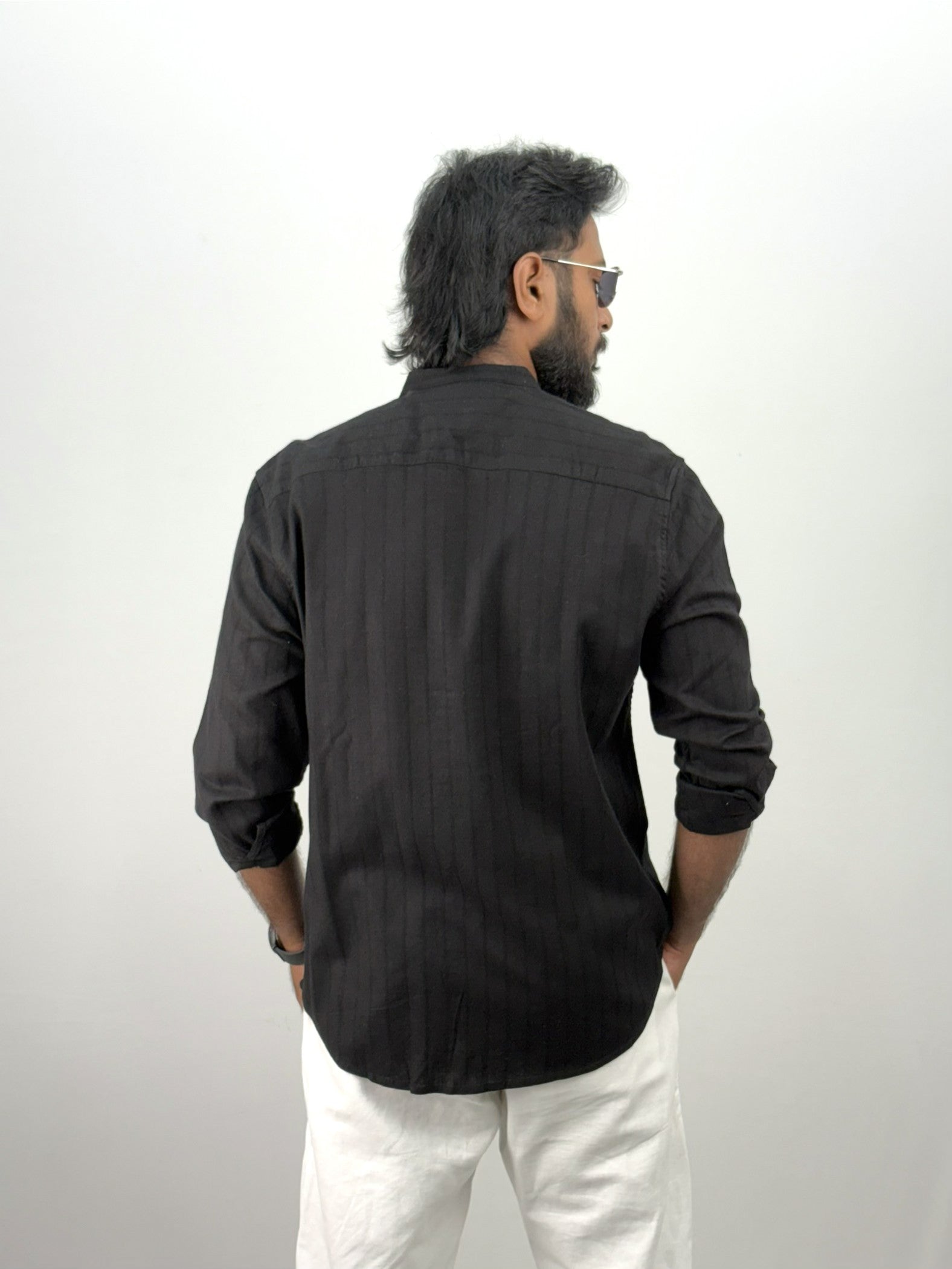 Black Mandarin Collar Stripe Shirt