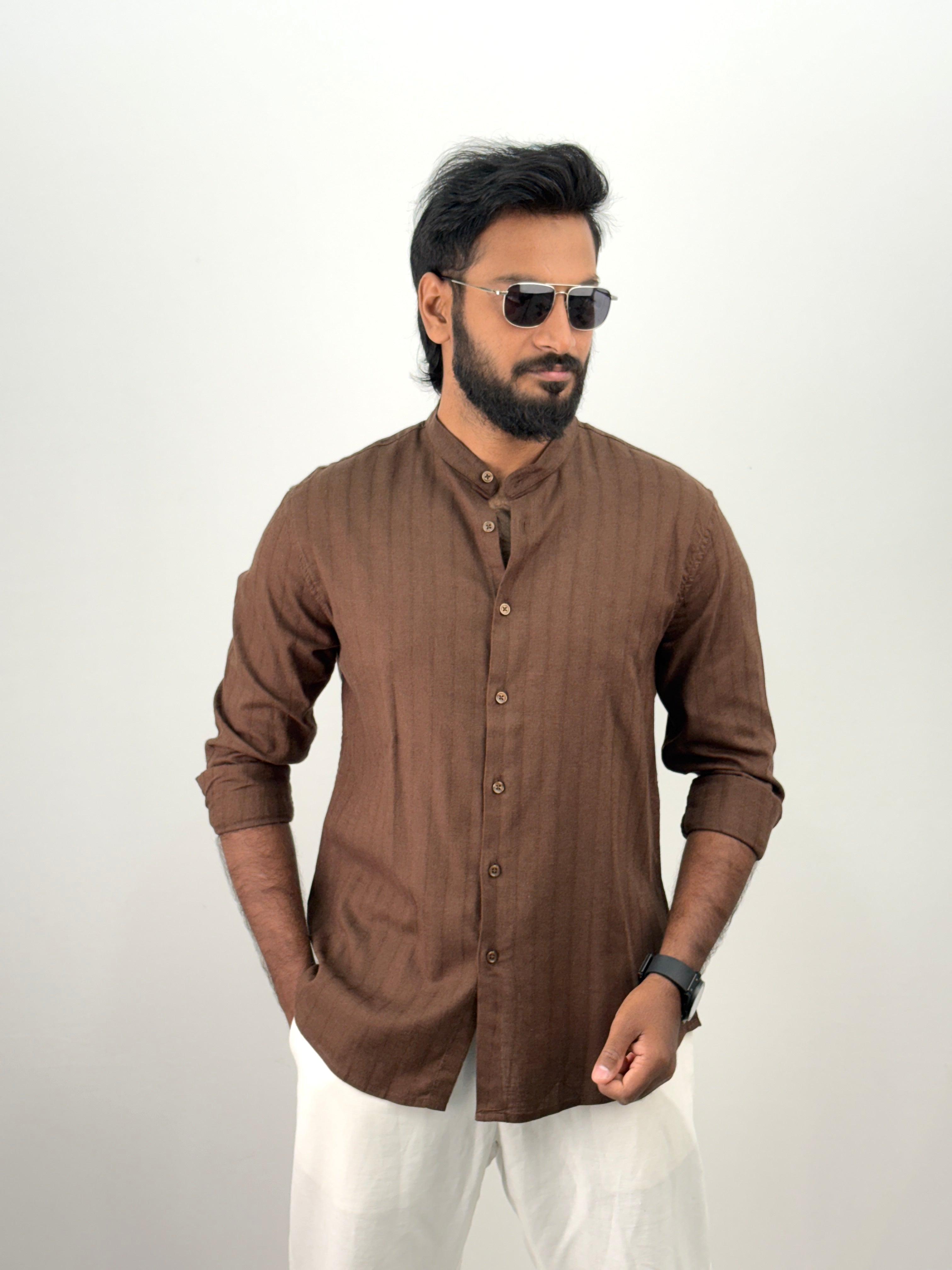 Coffee Brown Mandarin Collar Stripe Shirt