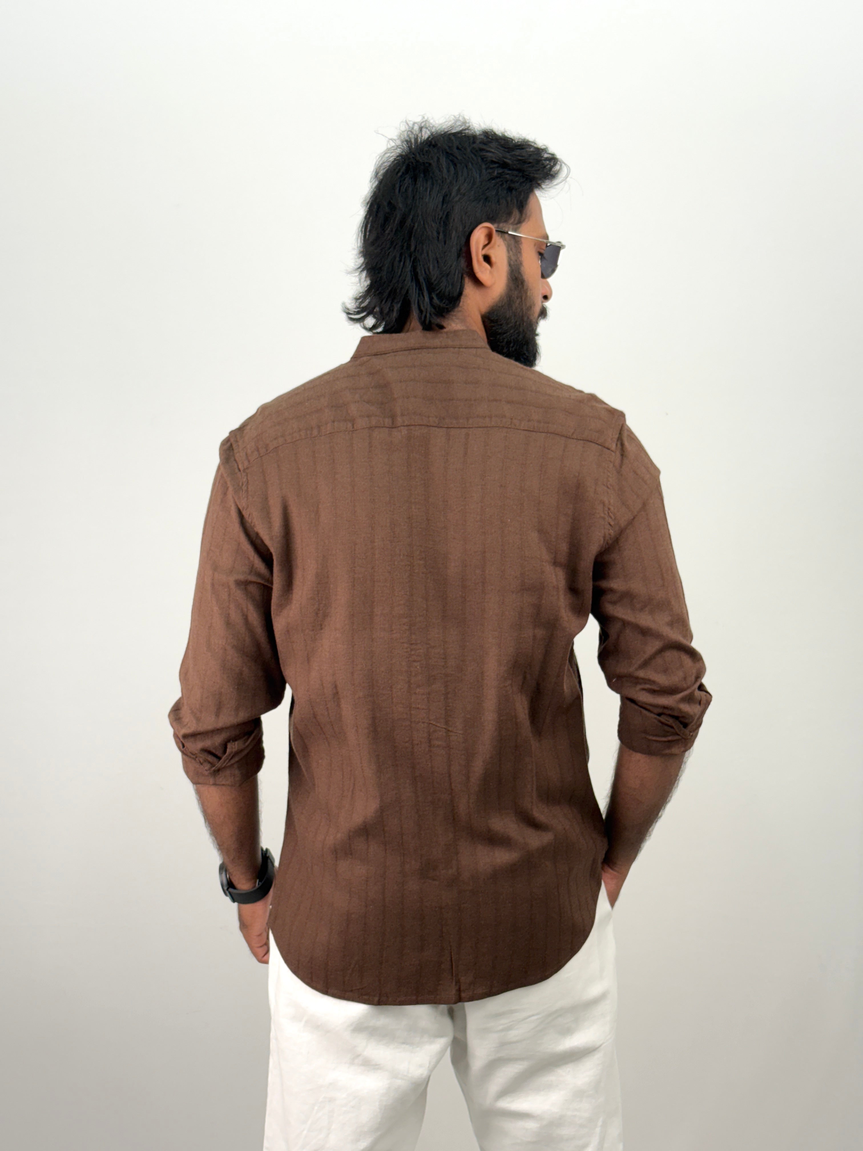 Coffee Brown Mandarin Collar Stripe Shirt