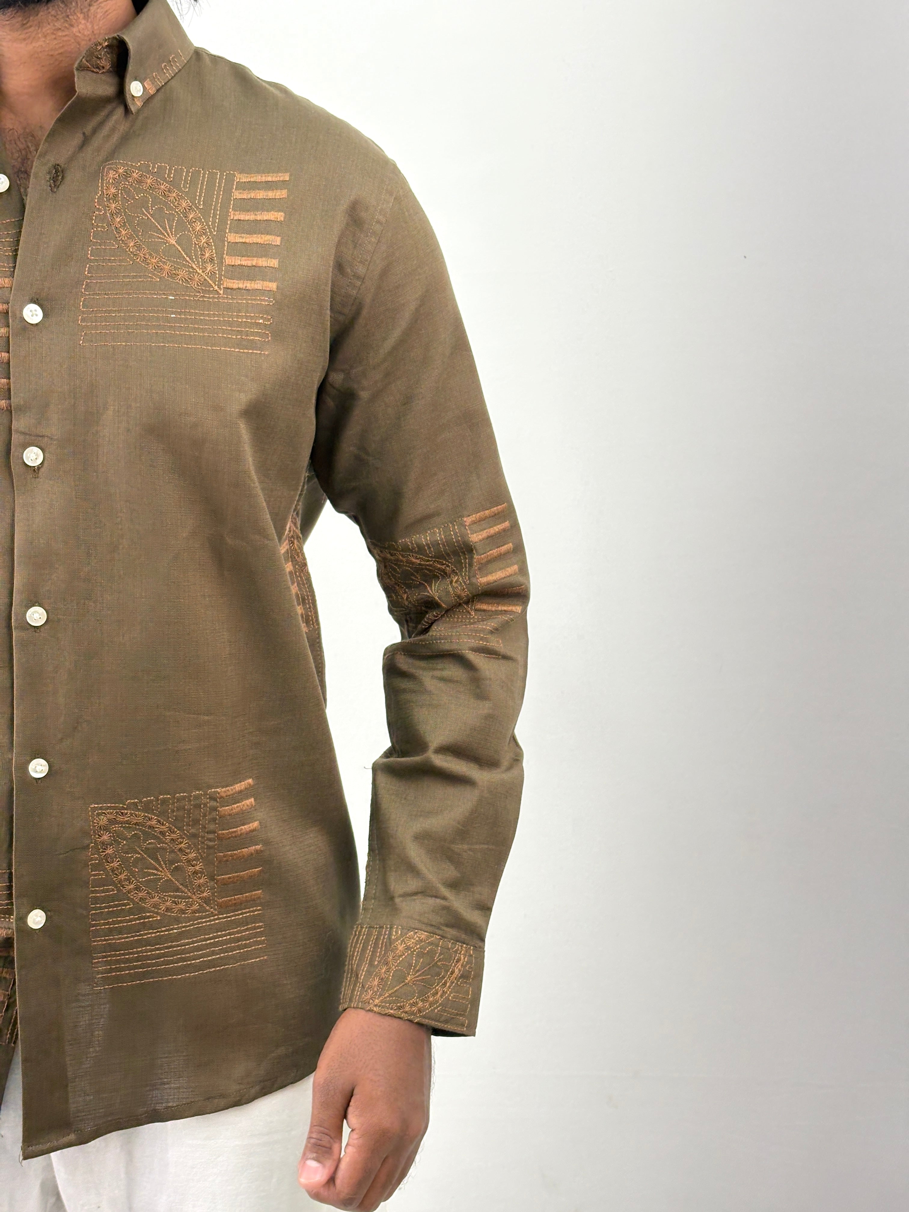 Olive Linen Embroidery Shirt