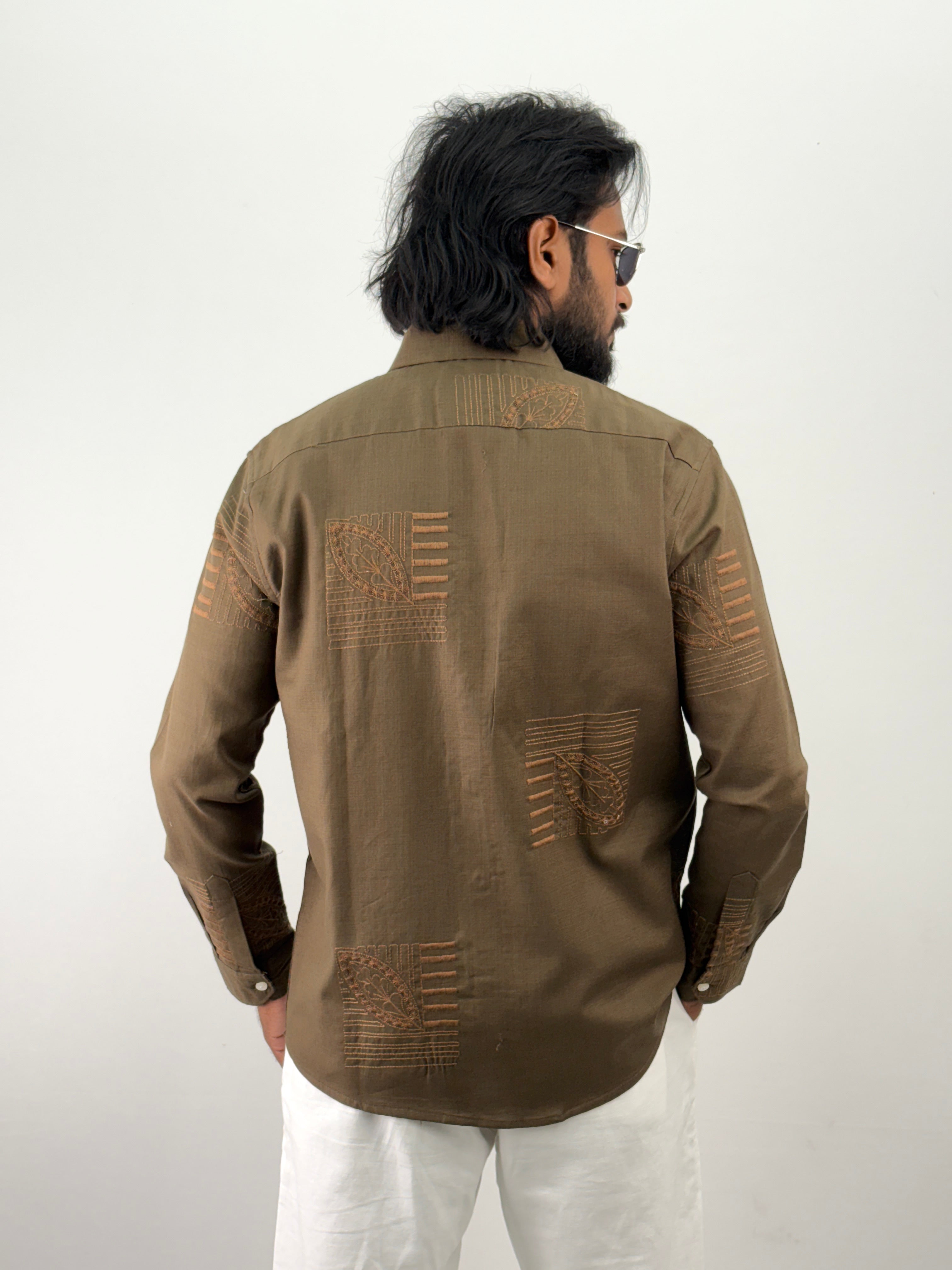 Olive Linen Embroidery Shirt