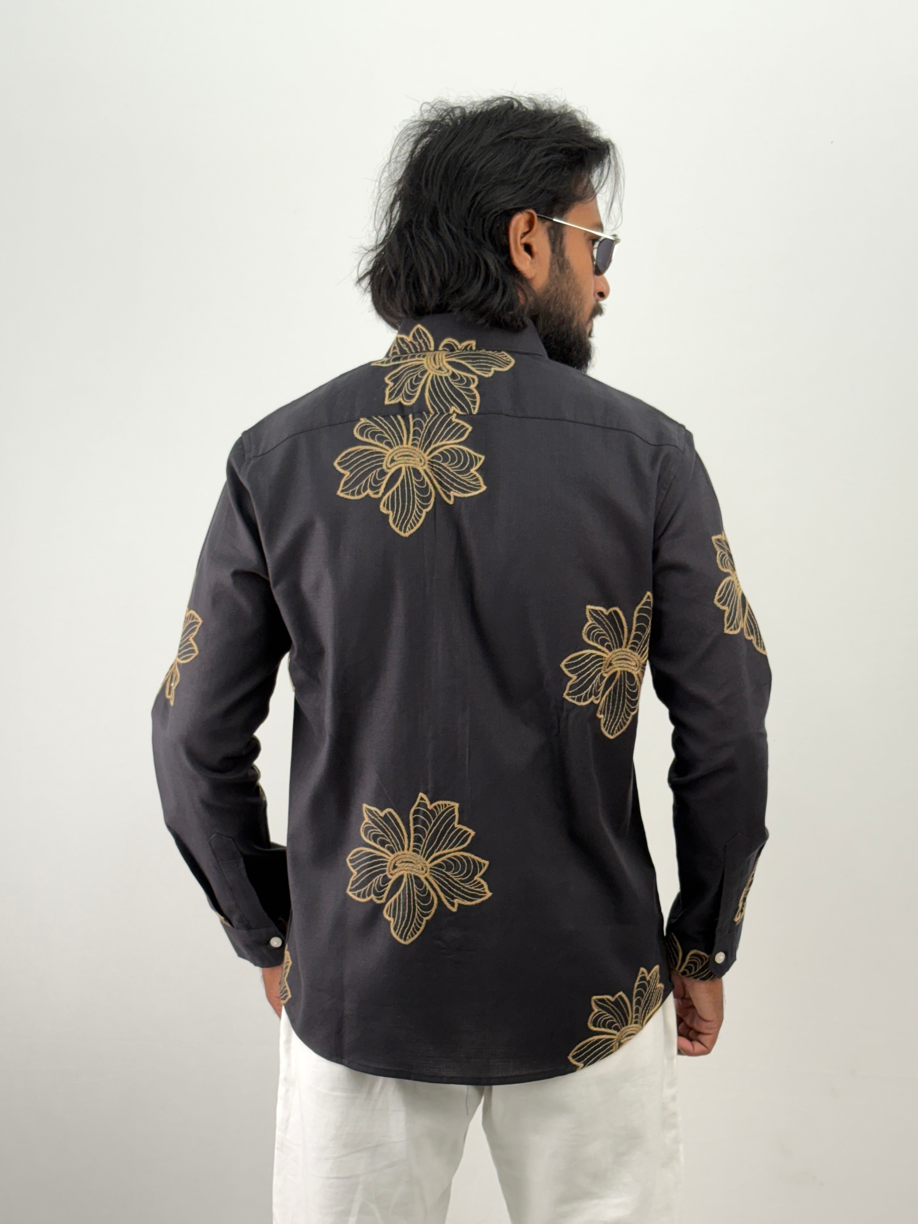 Charcoal Grey Linen Embroidery Shirt
