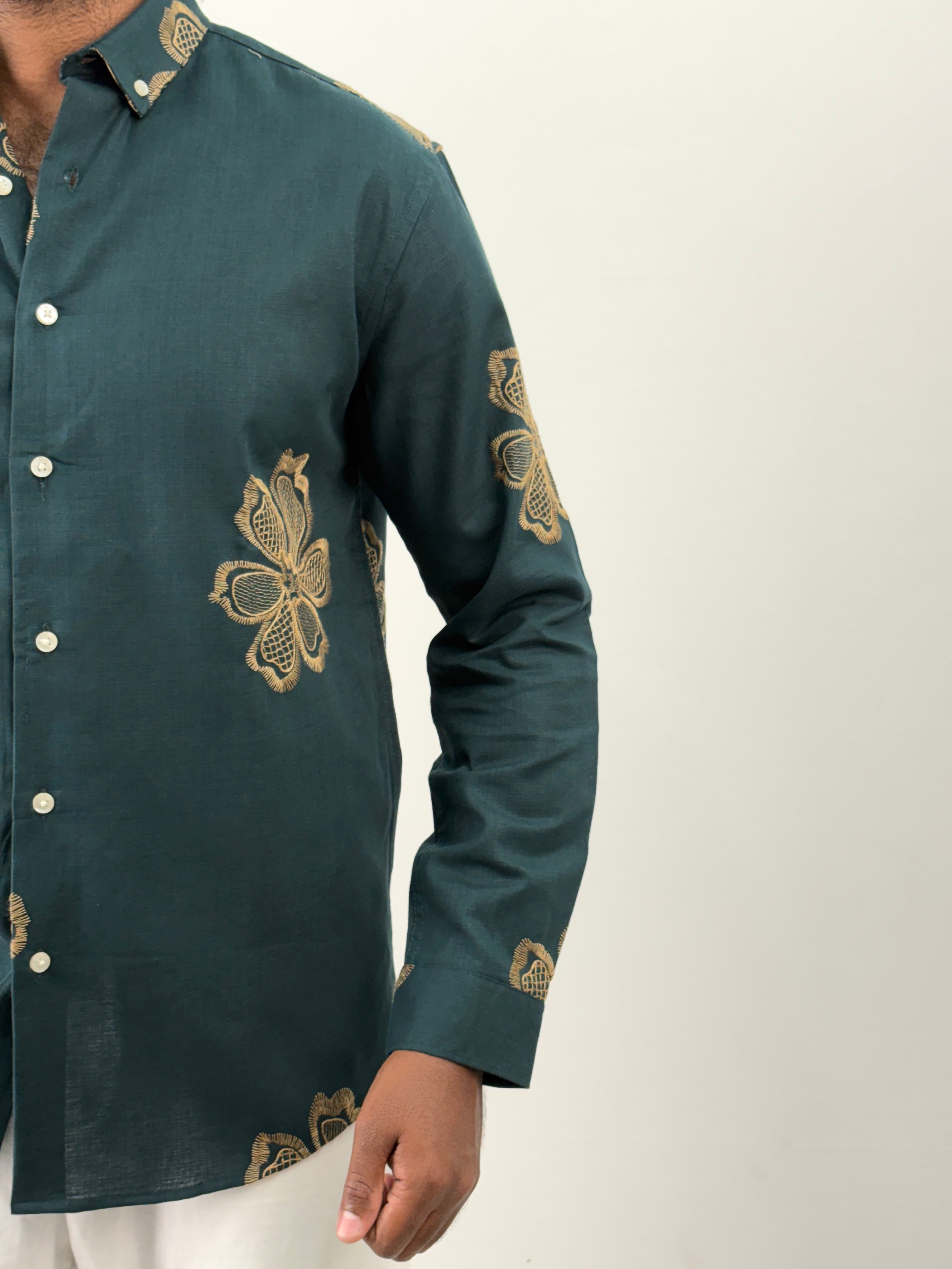 Peacock Linen Embroidery Shirt