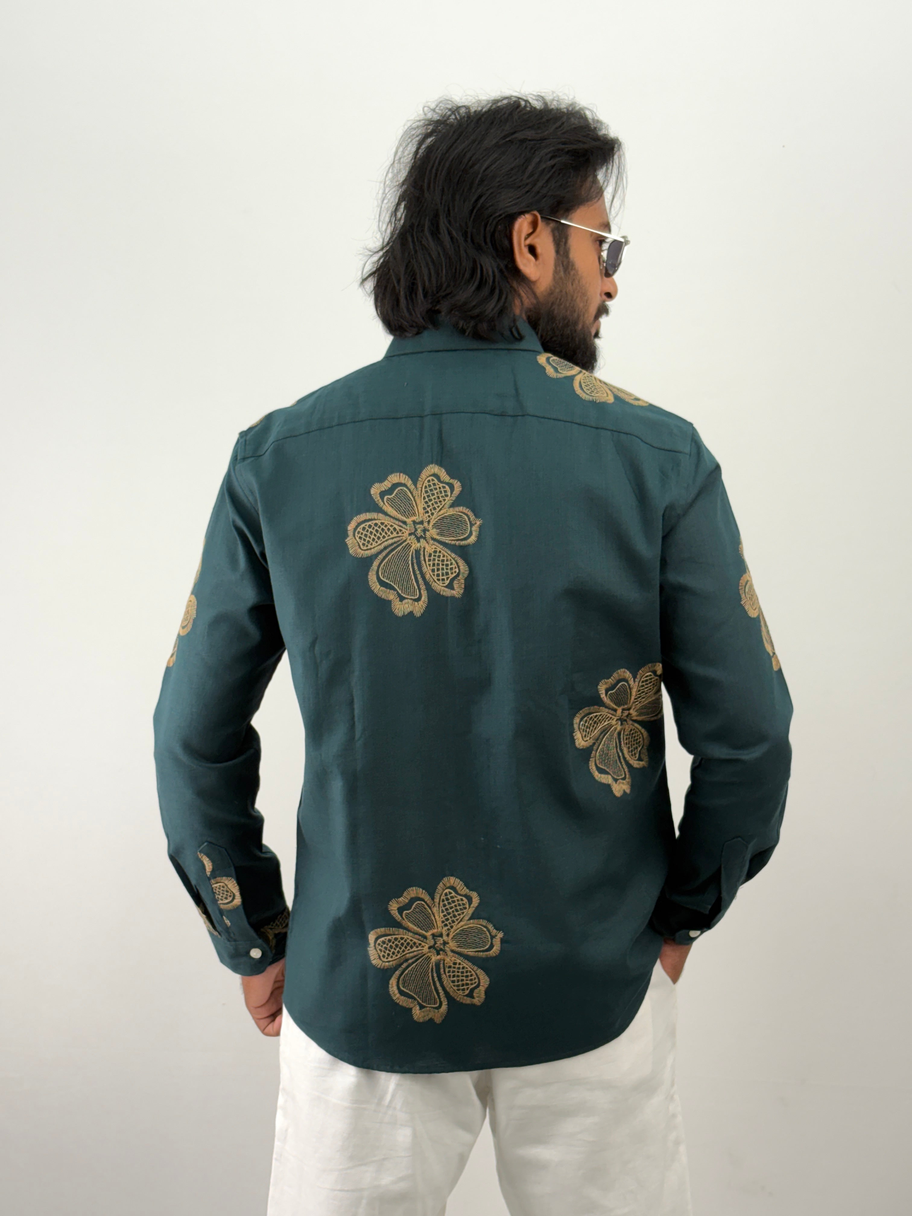 Peacock Linen Embroidery Shirt