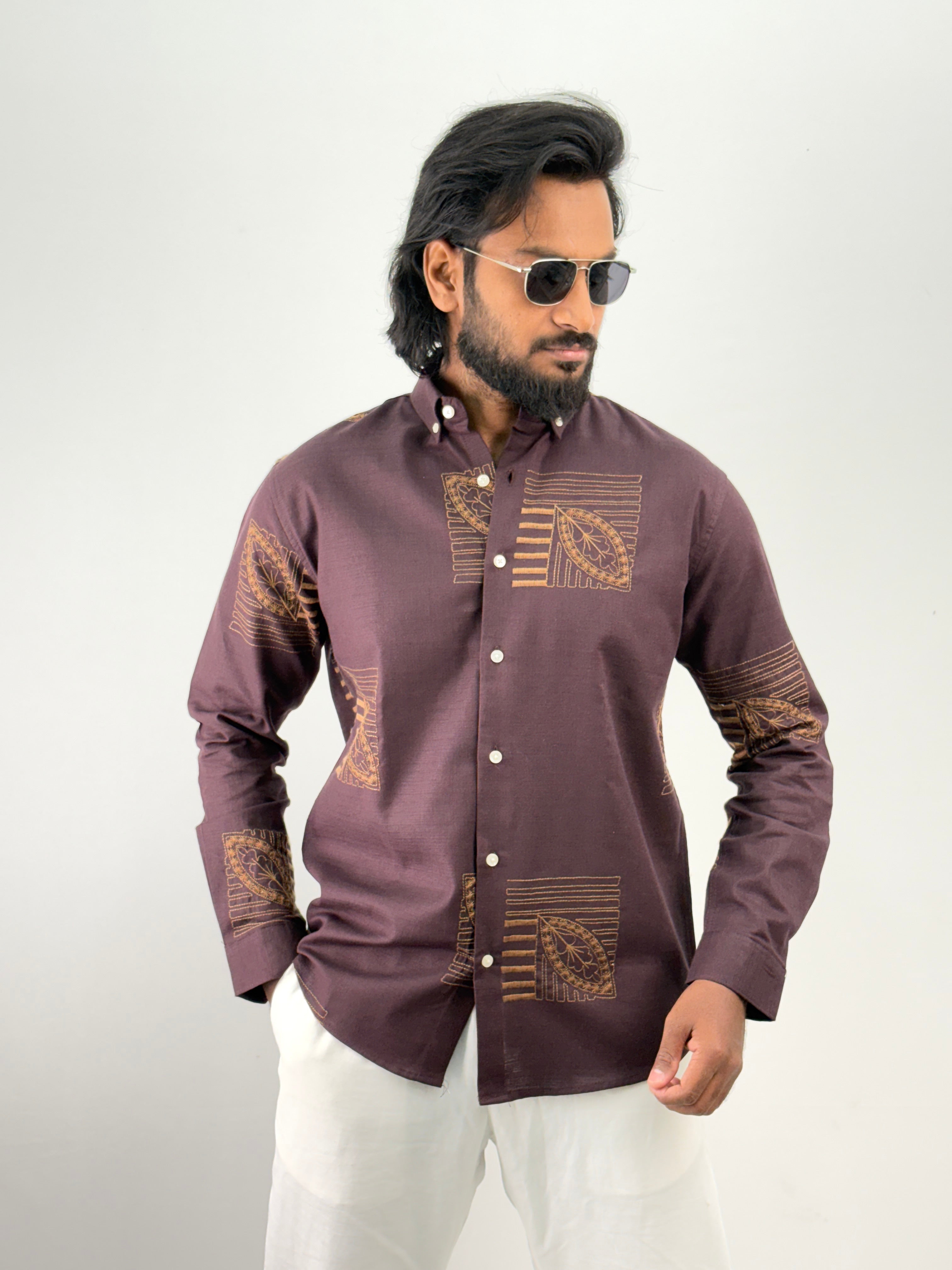 Wine Linen Embroidery Shirt