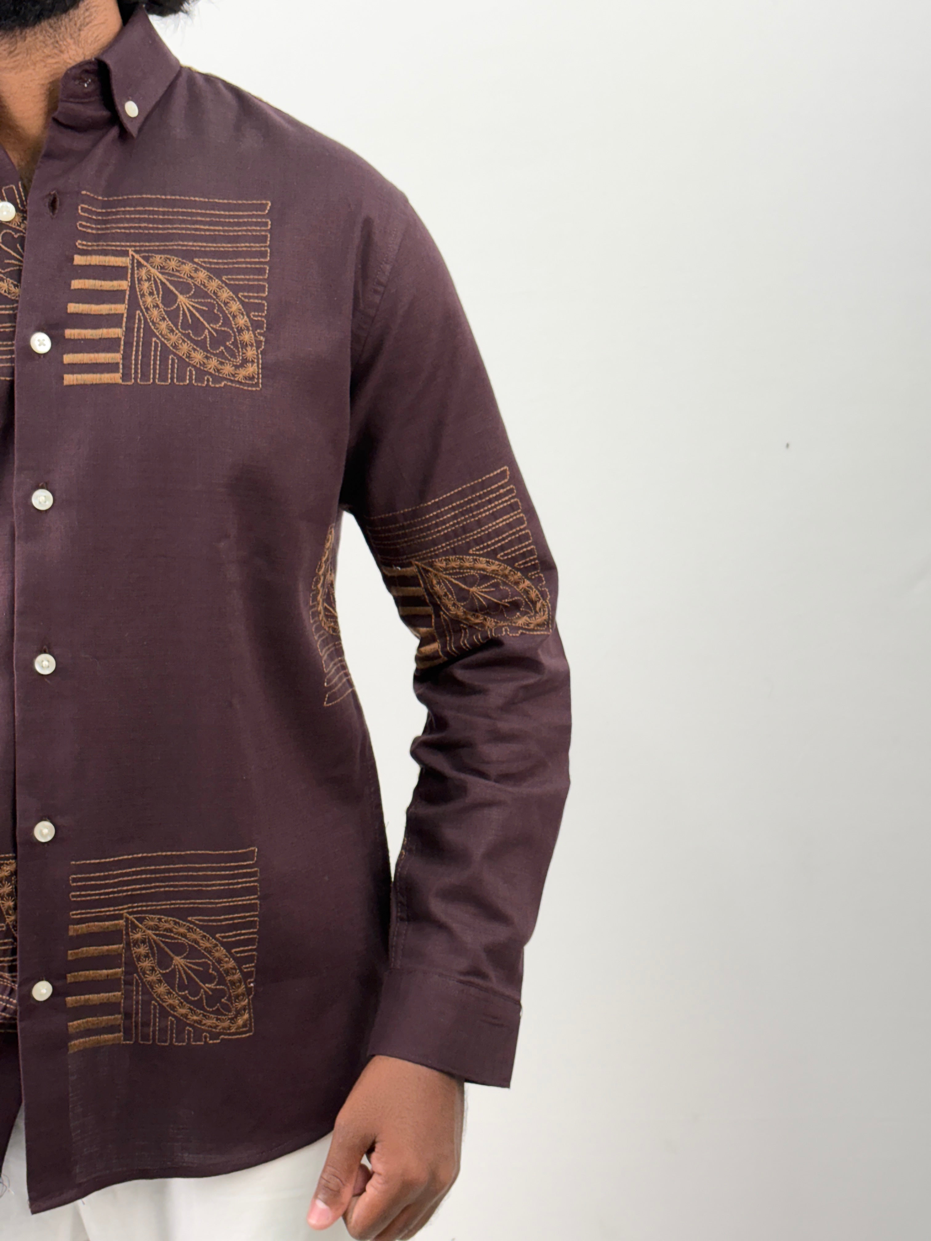 Wine Linen Embroidery Shirt