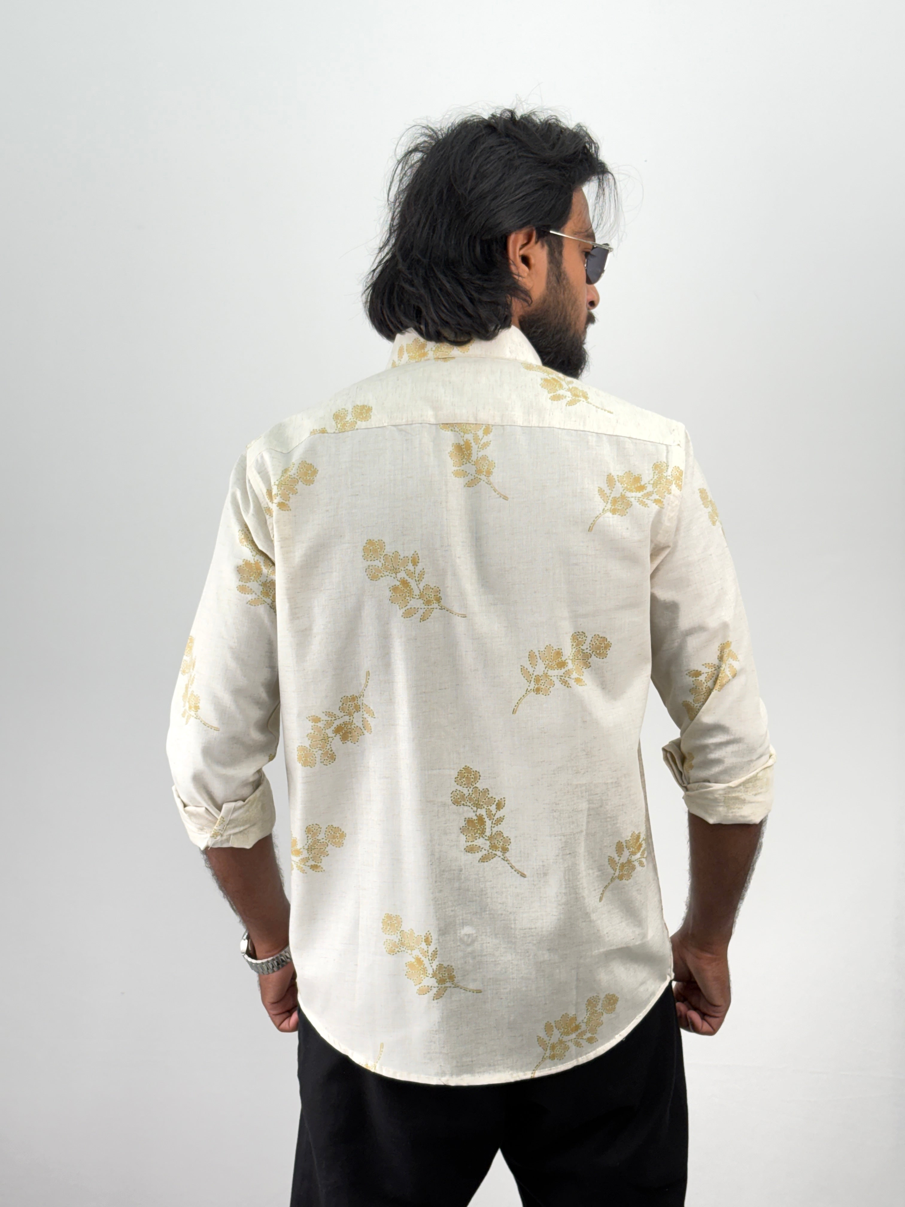 Beige Yellow Linen Printed Shirt