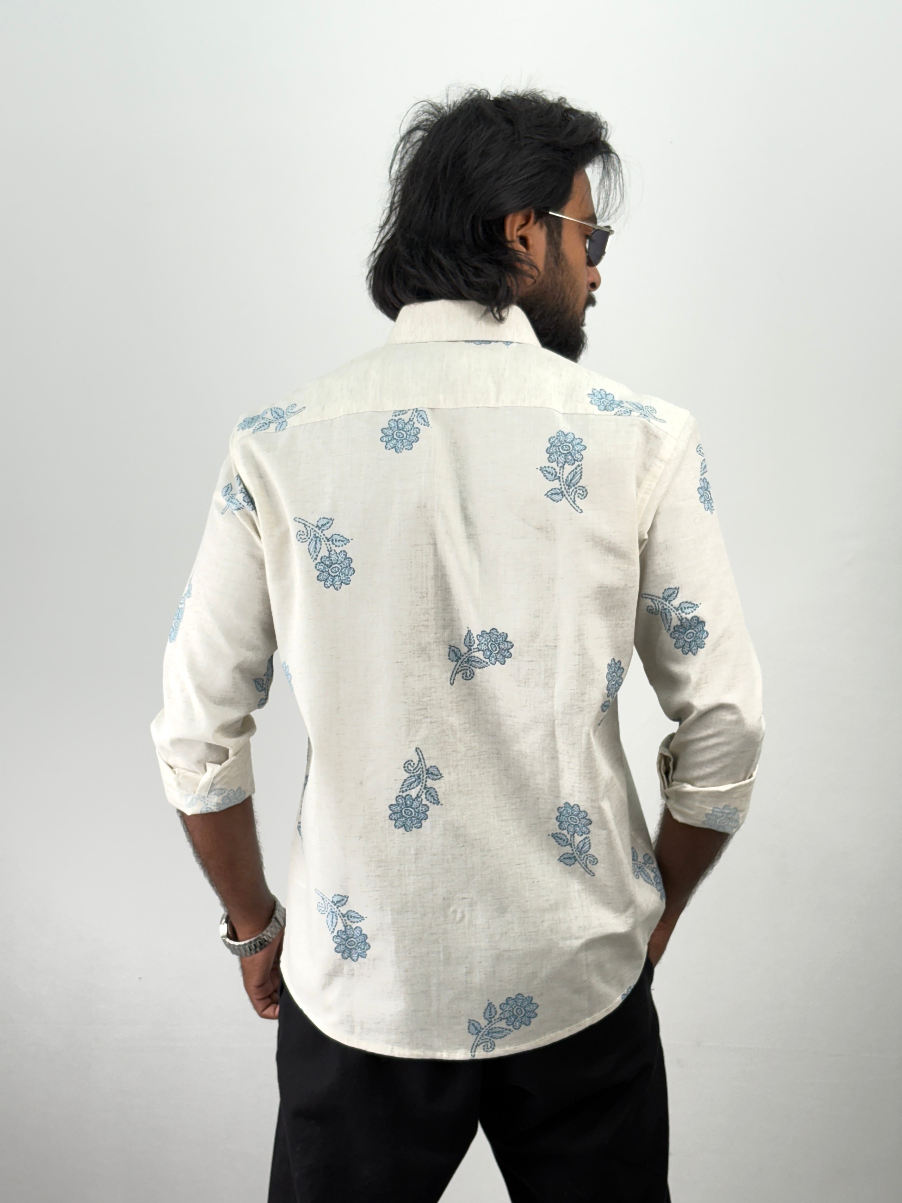 Beige Light Blue Linen Printed Shirt