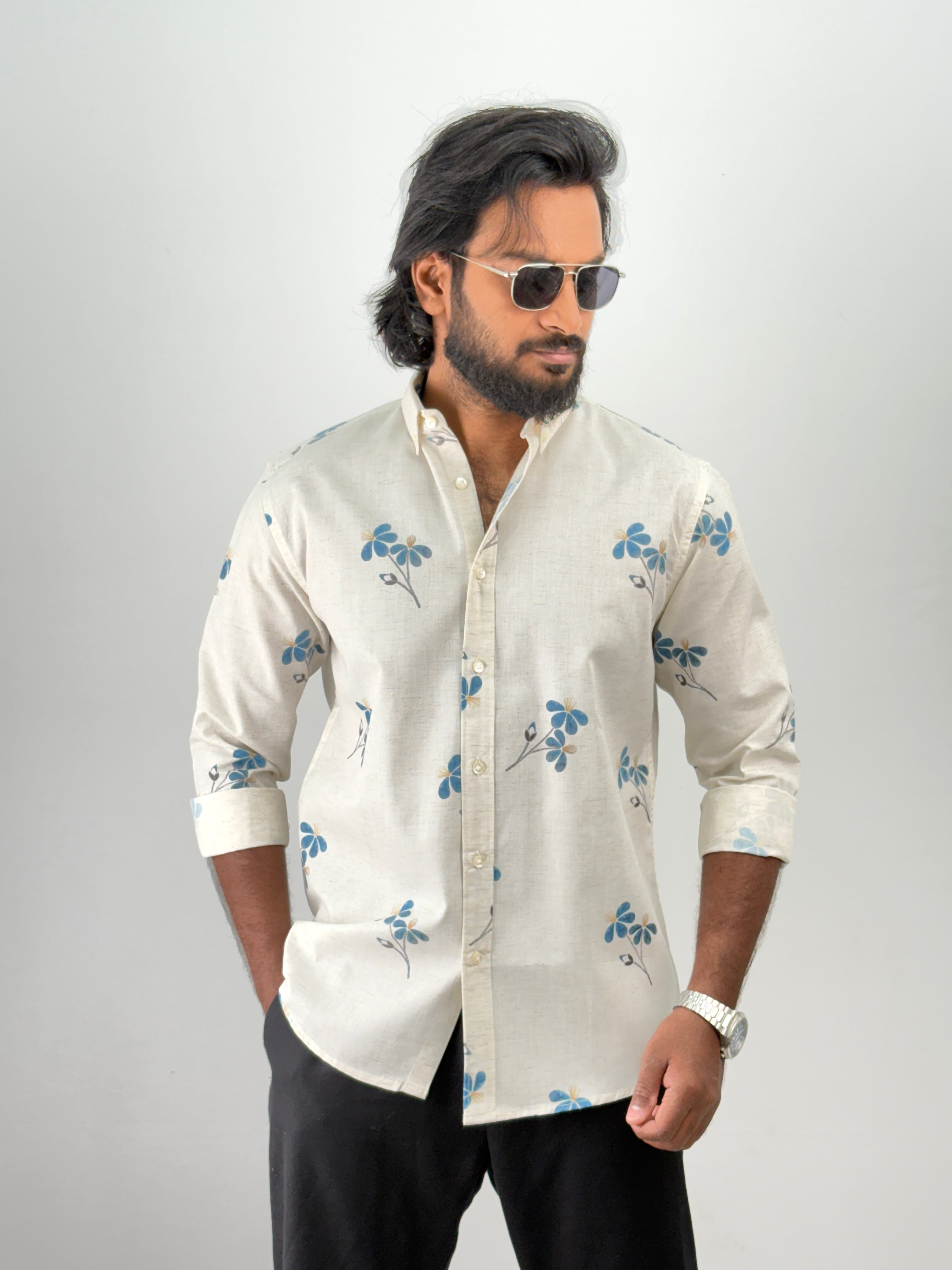 Blue Linen Printed Shirt