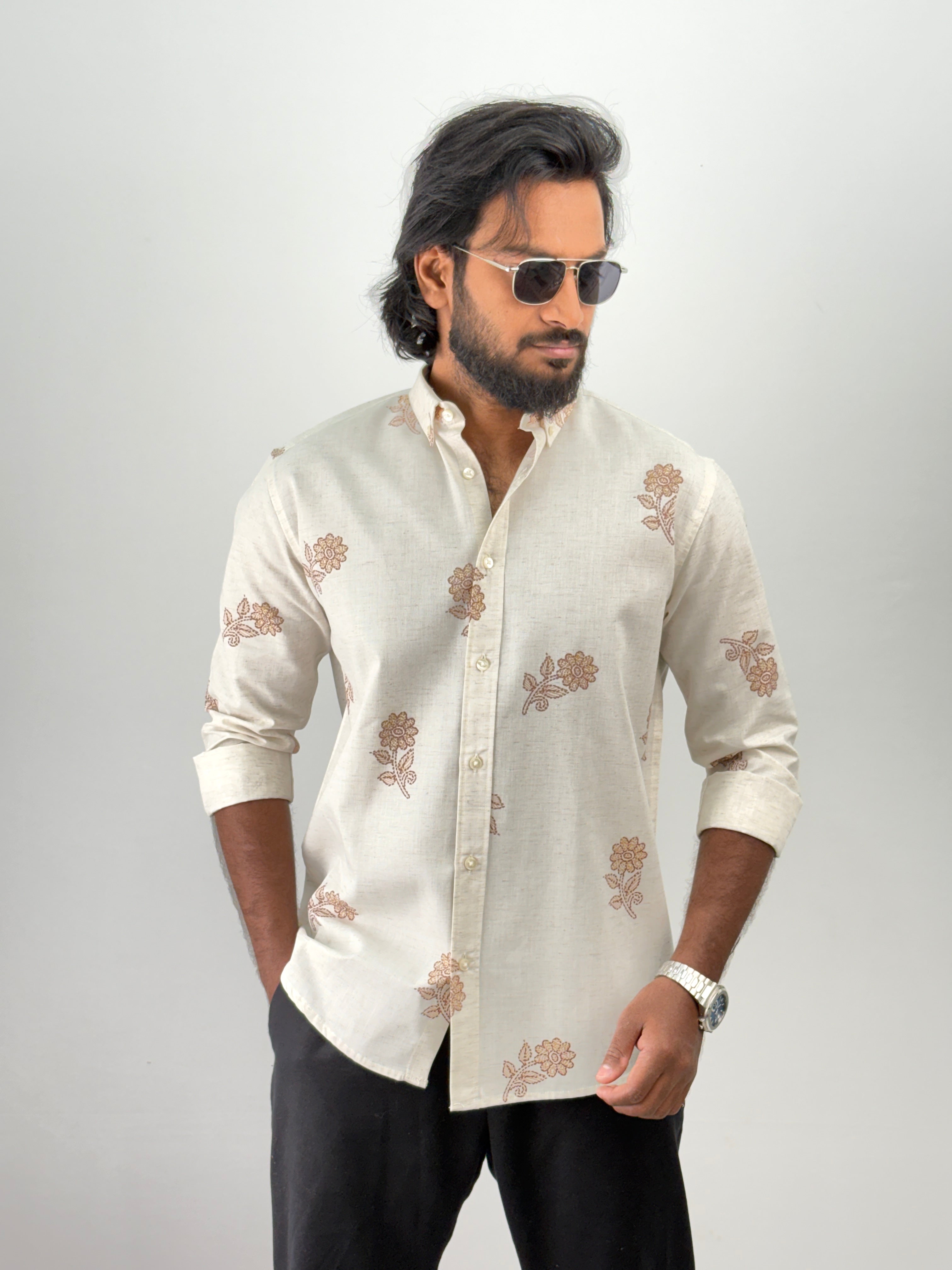 Beige Brown Linen Printed Shirt