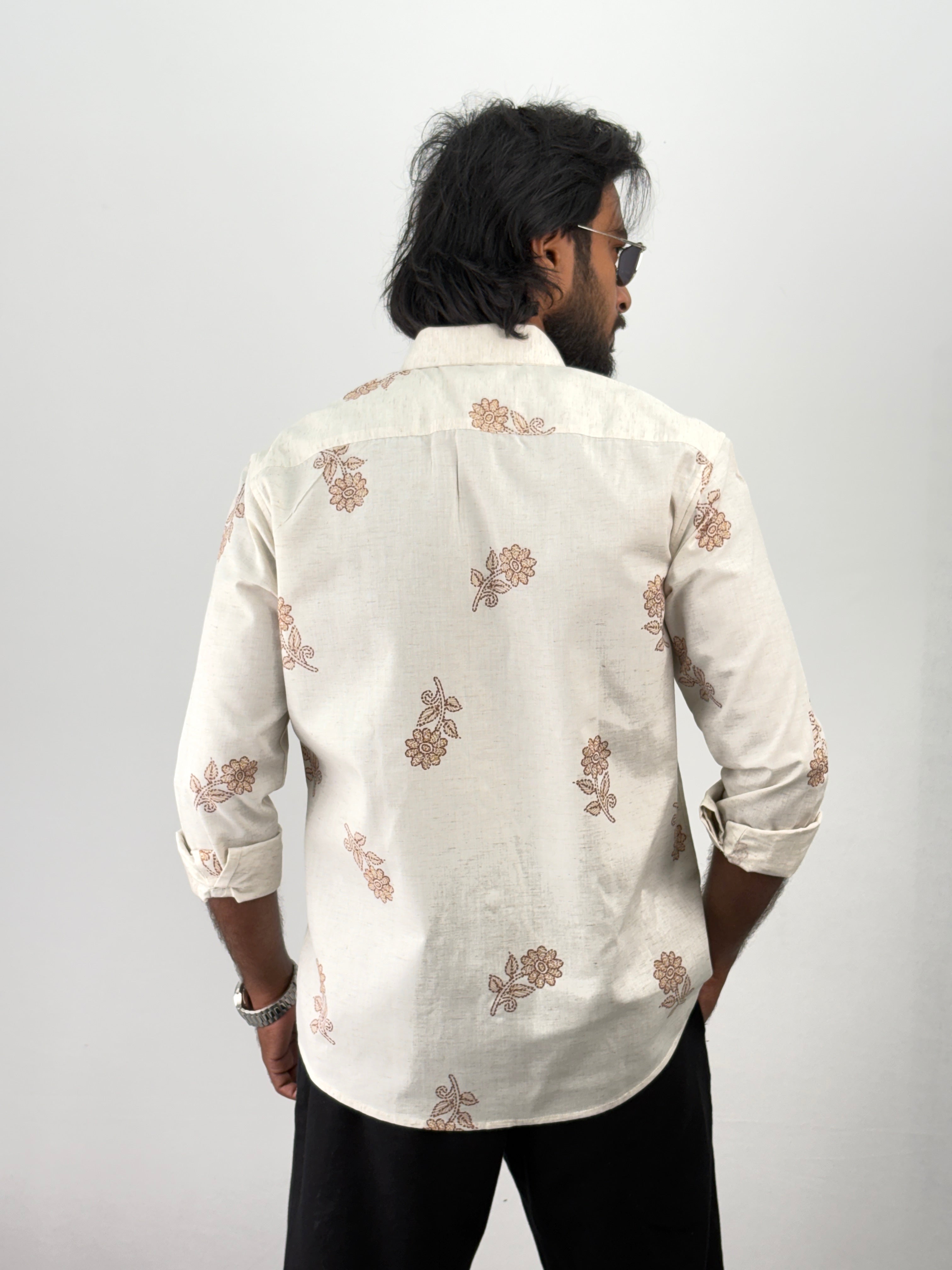 Beige Brown Linen Printed Shirt