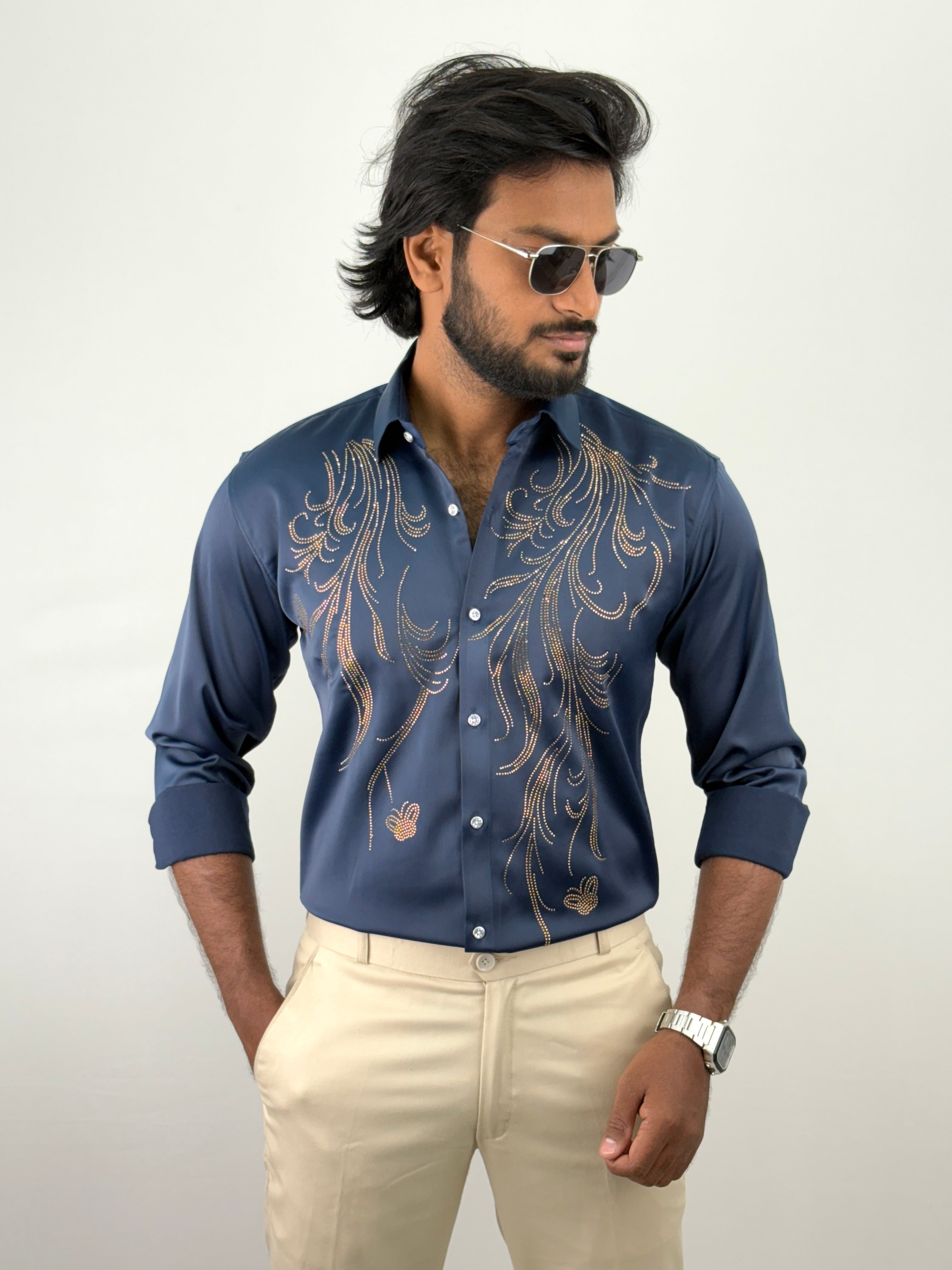 Navy Designer Stone Work Shirt 3