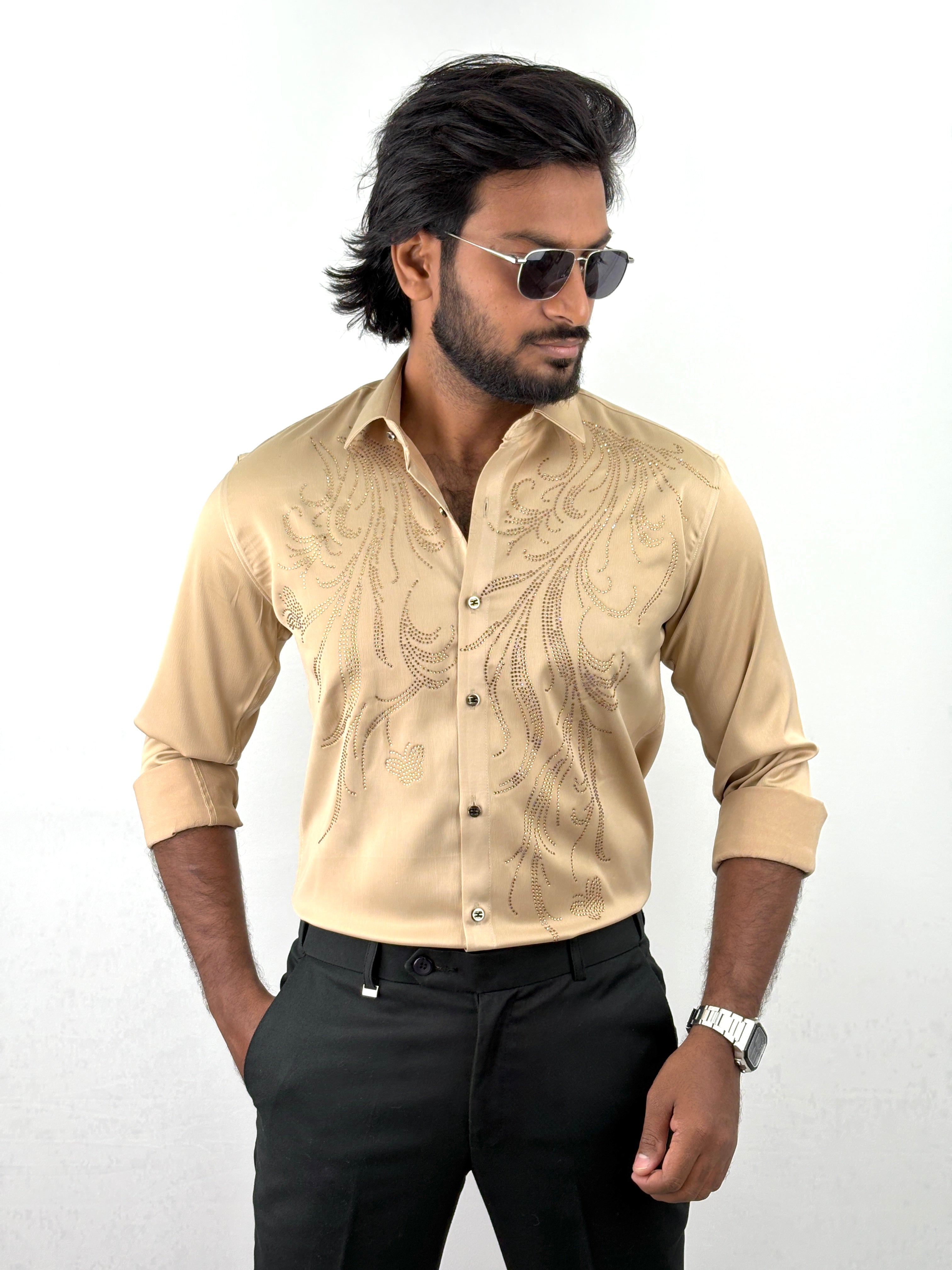 Cream Designer Stone Work Shirt 3