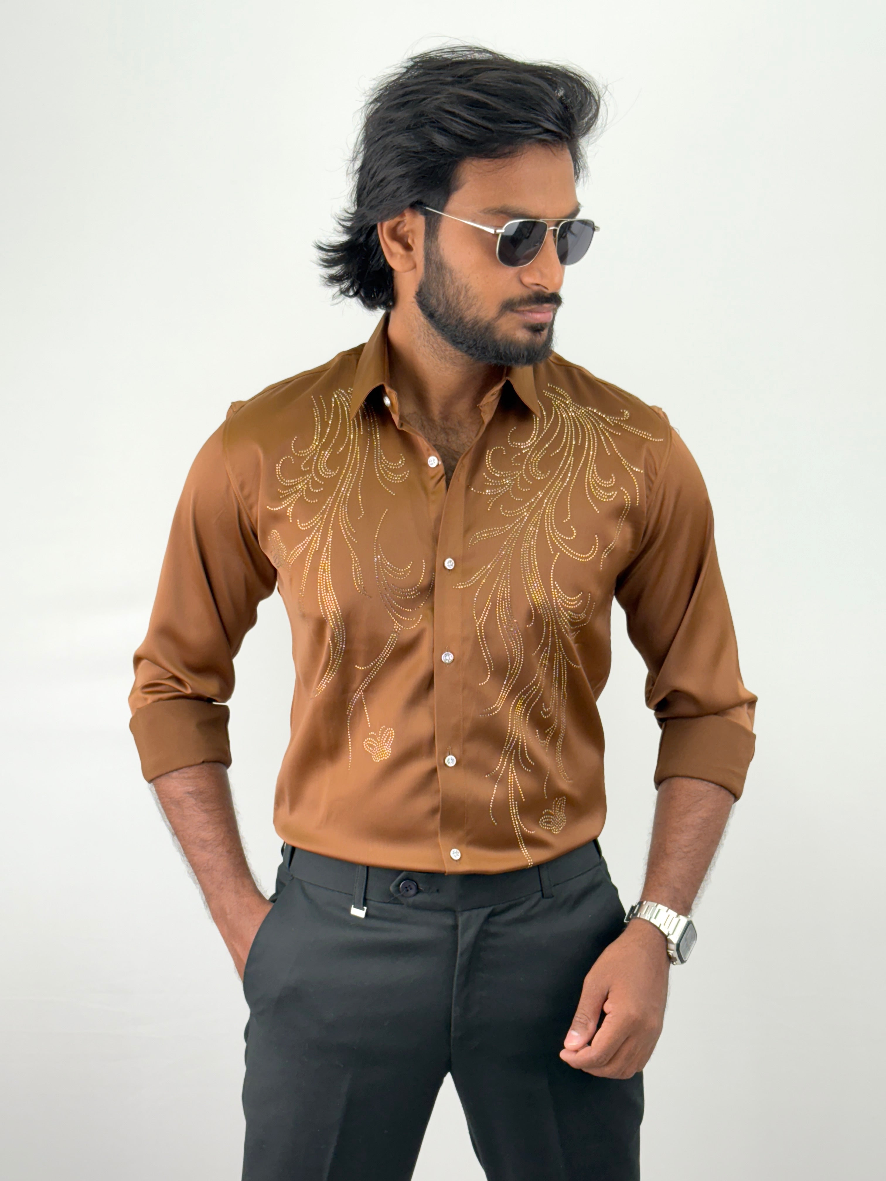 Brown Designer Stone Work Shirt 3
