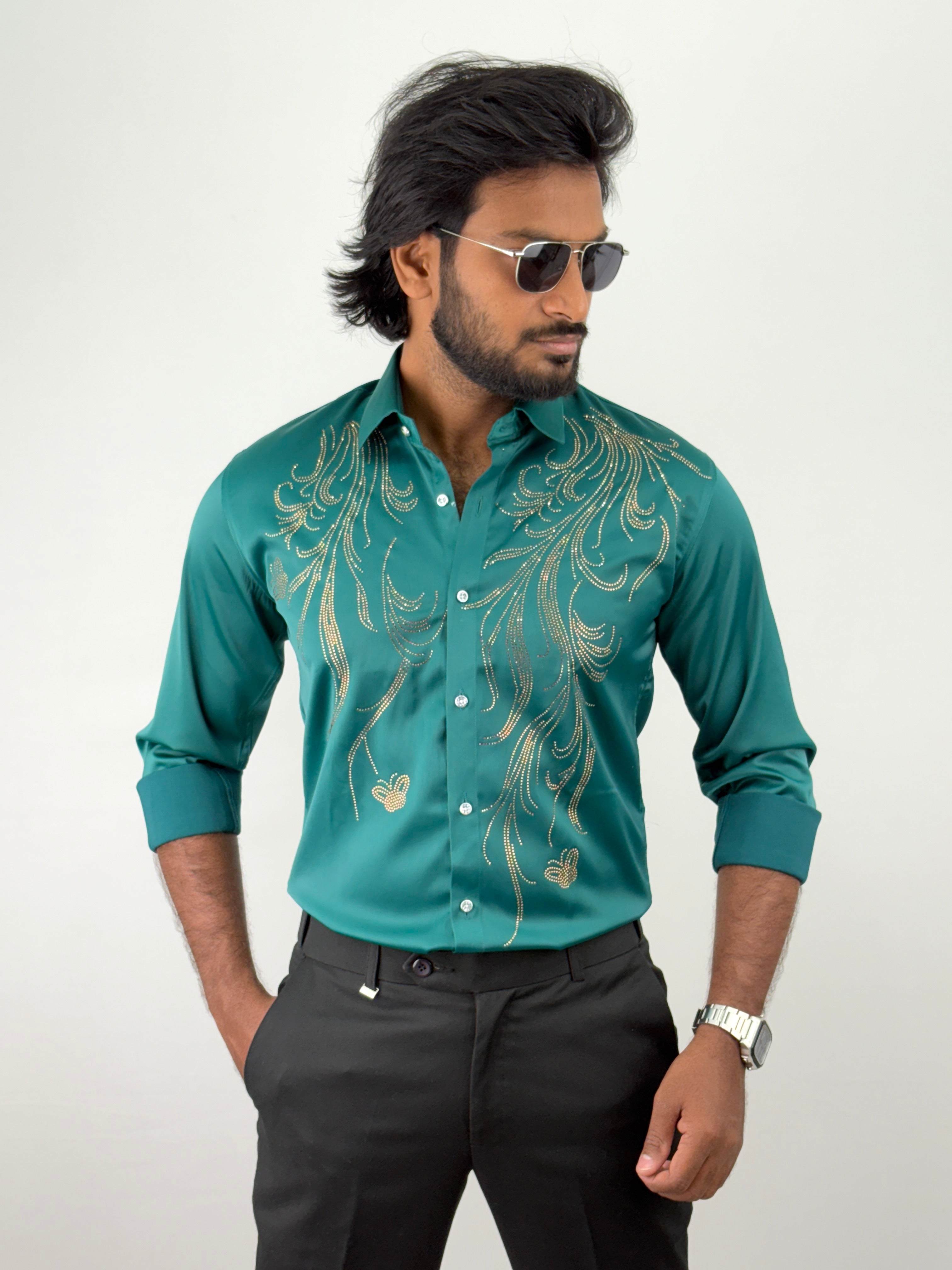 Green Designer Stone Work Shirt 3