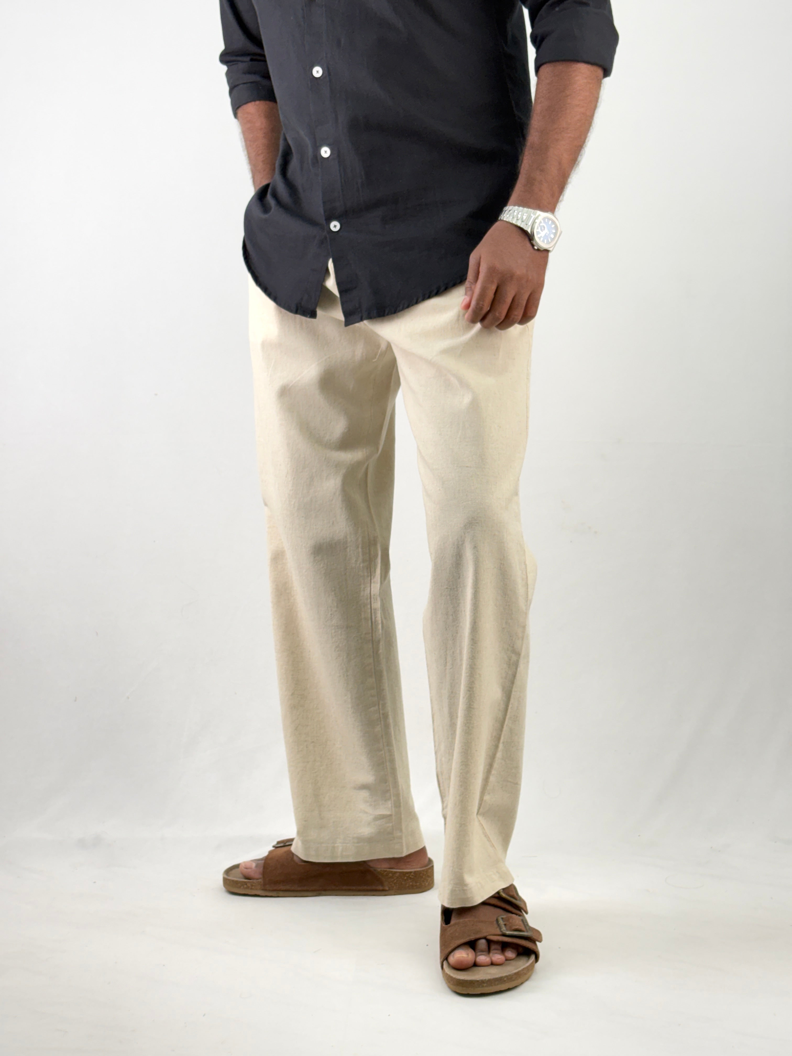 Beige Textured Relaxed Fit Linen Pant 3