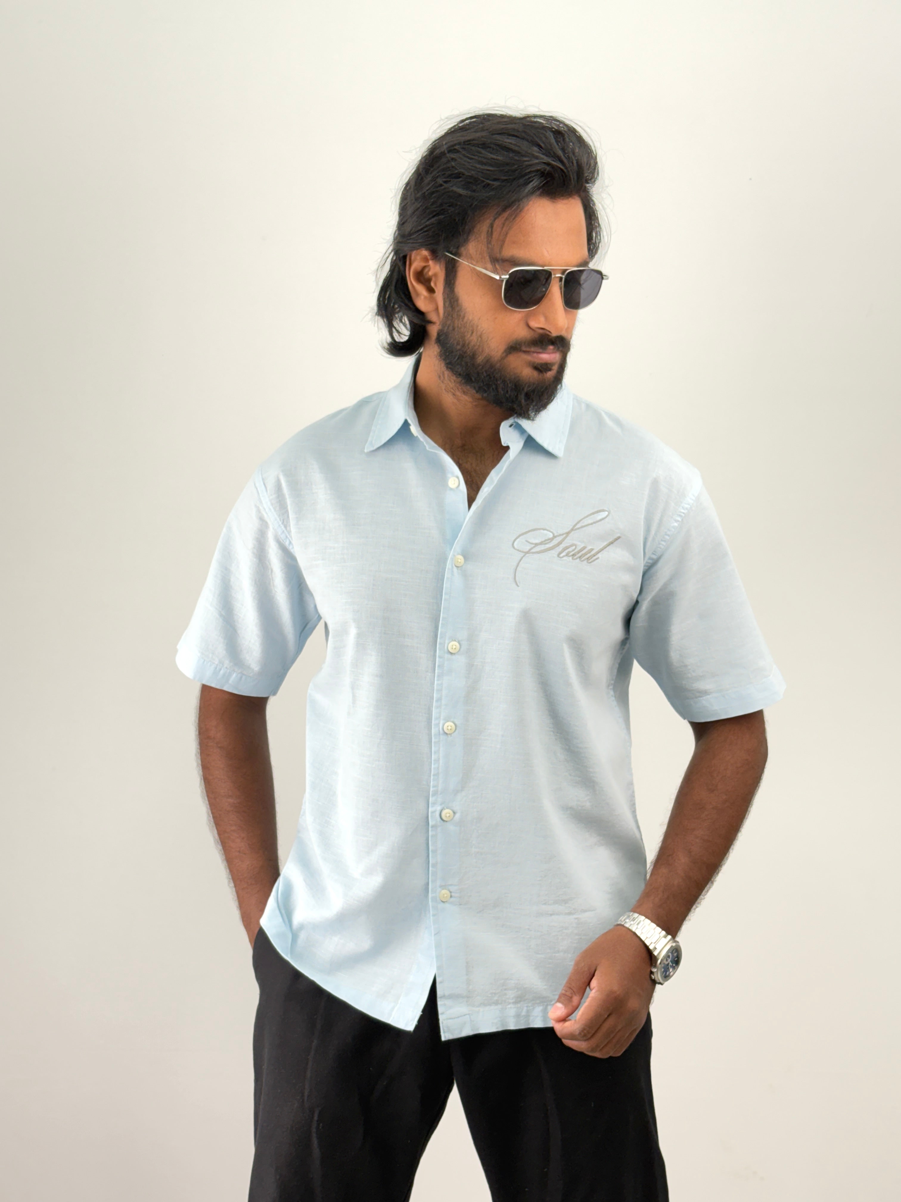 Ice Blue Half Sleeve Embroidery Shirt