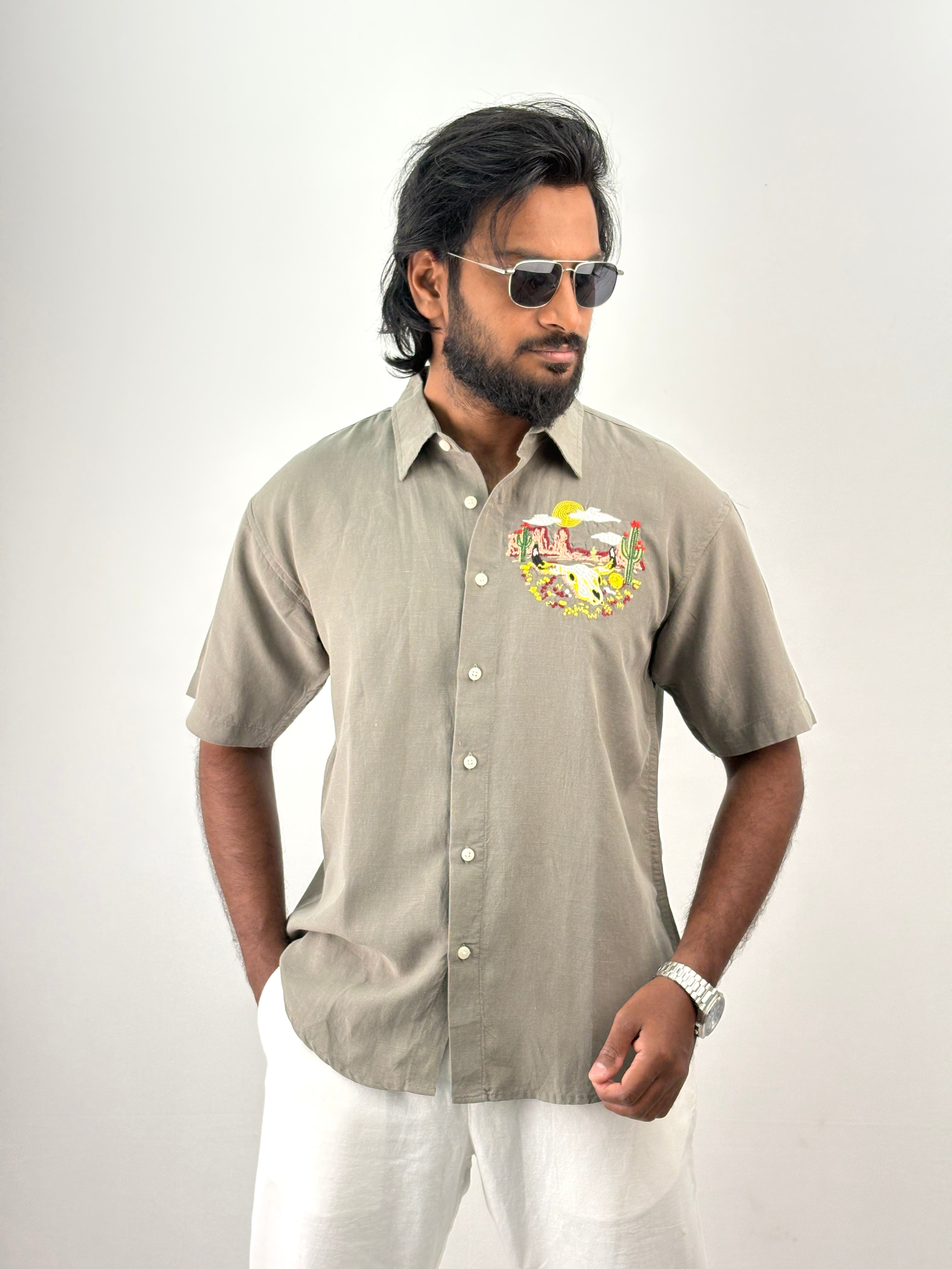 Sage Green Half Sleeve Embroidery Shirt