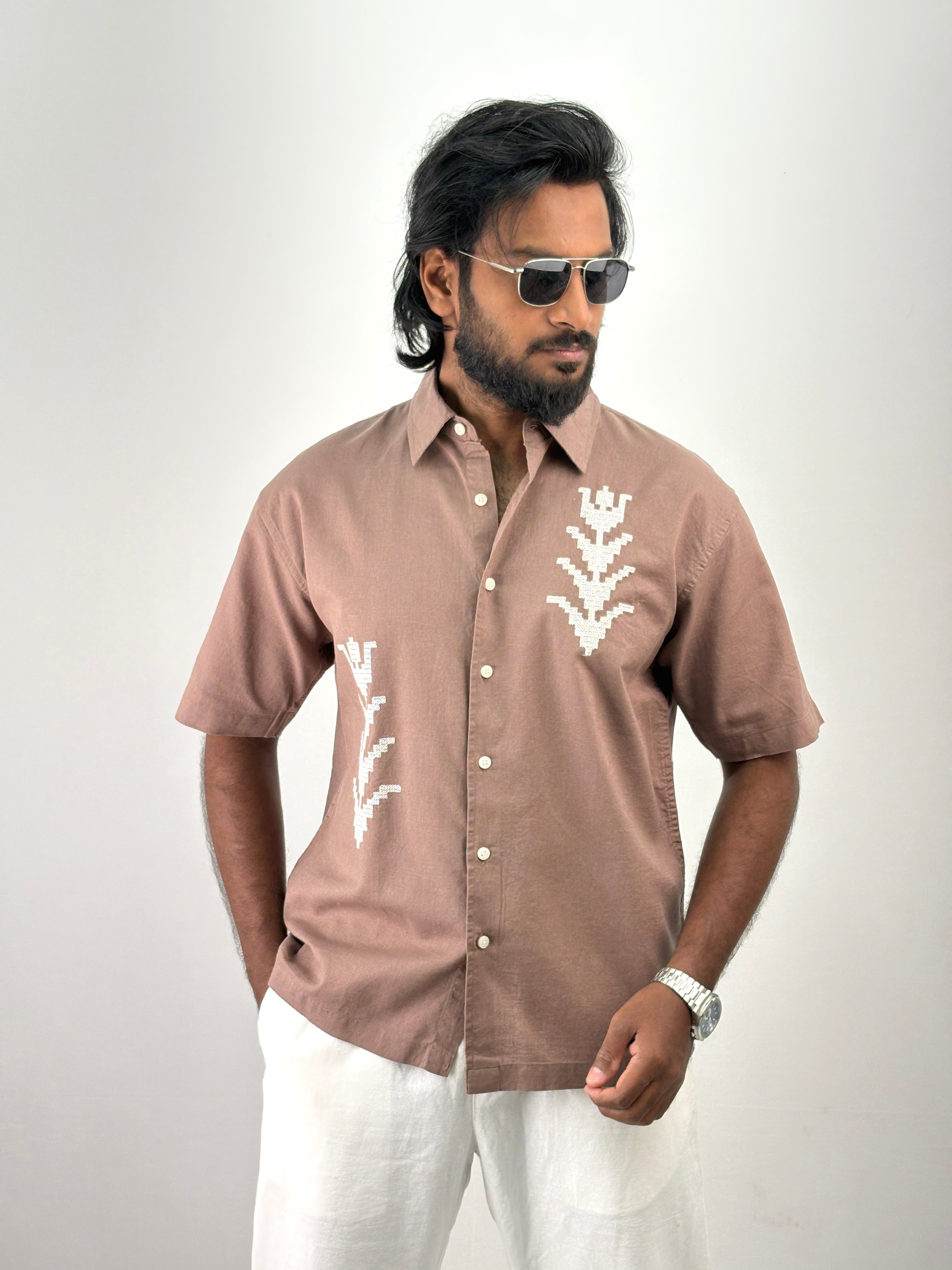 Brown Half Sleeve Embroidery Shirt