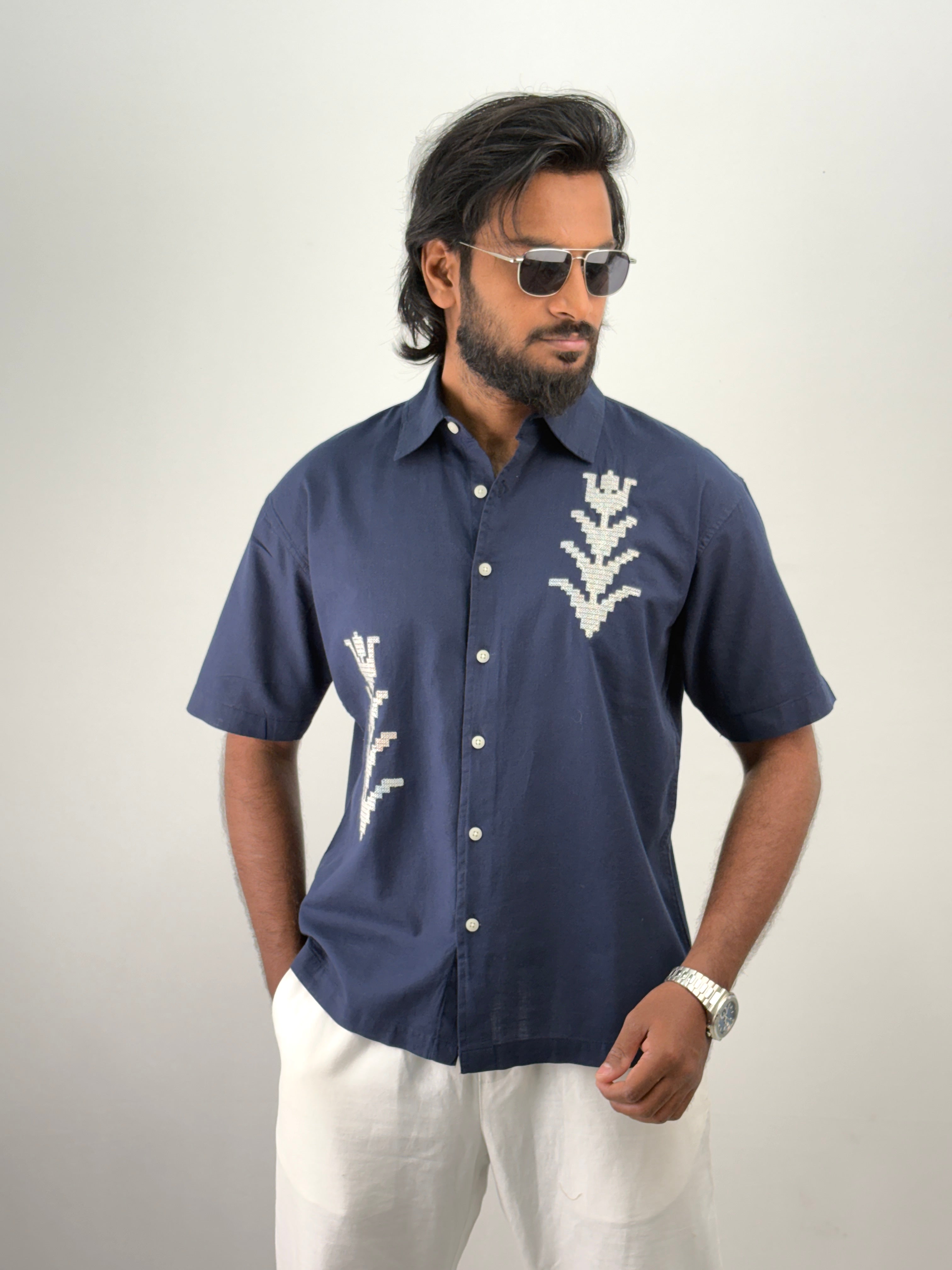 Navy Half Sleeve Embroidery Shirt