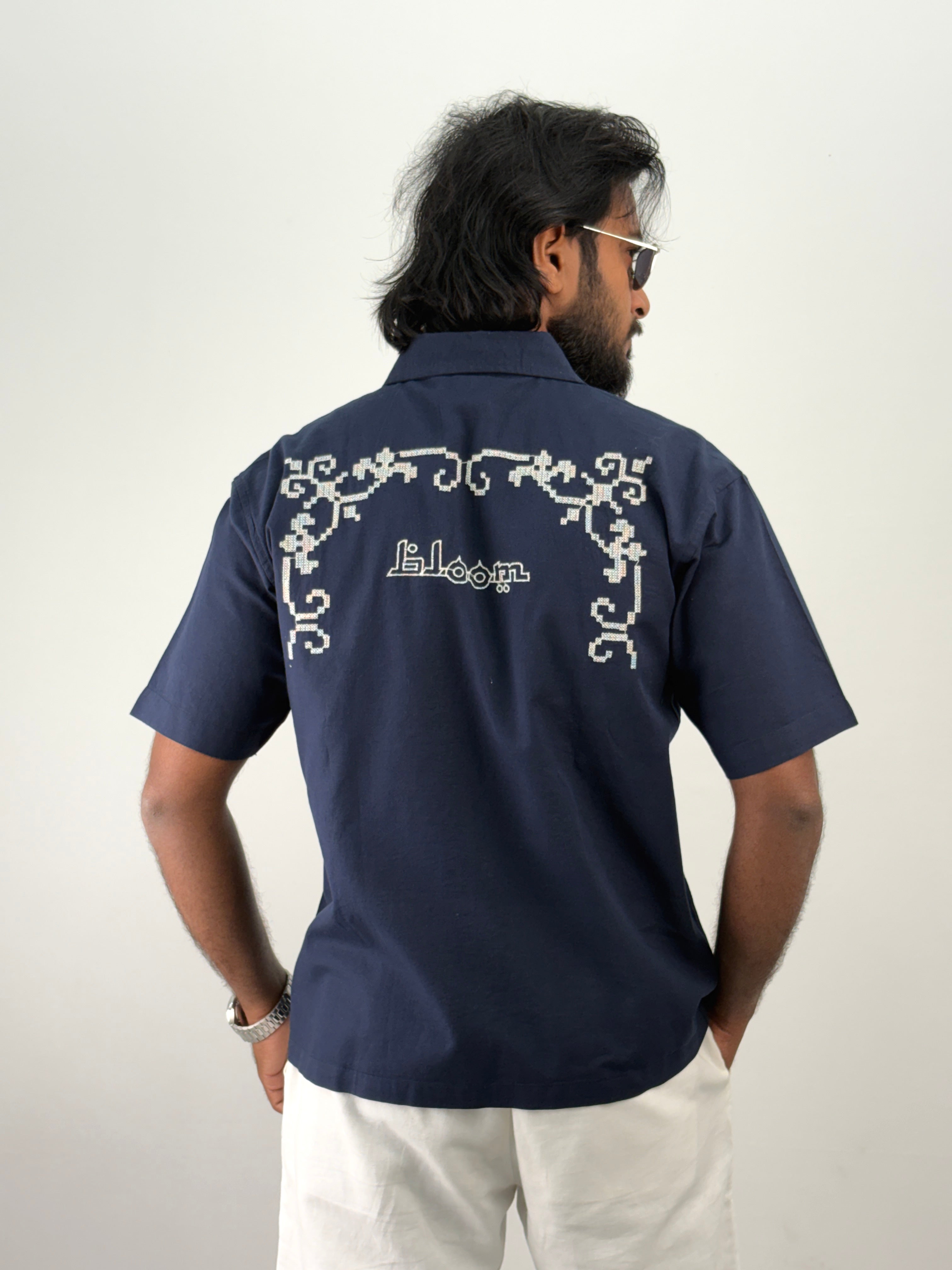 Navy Half Sleeve Embroidery Shirt