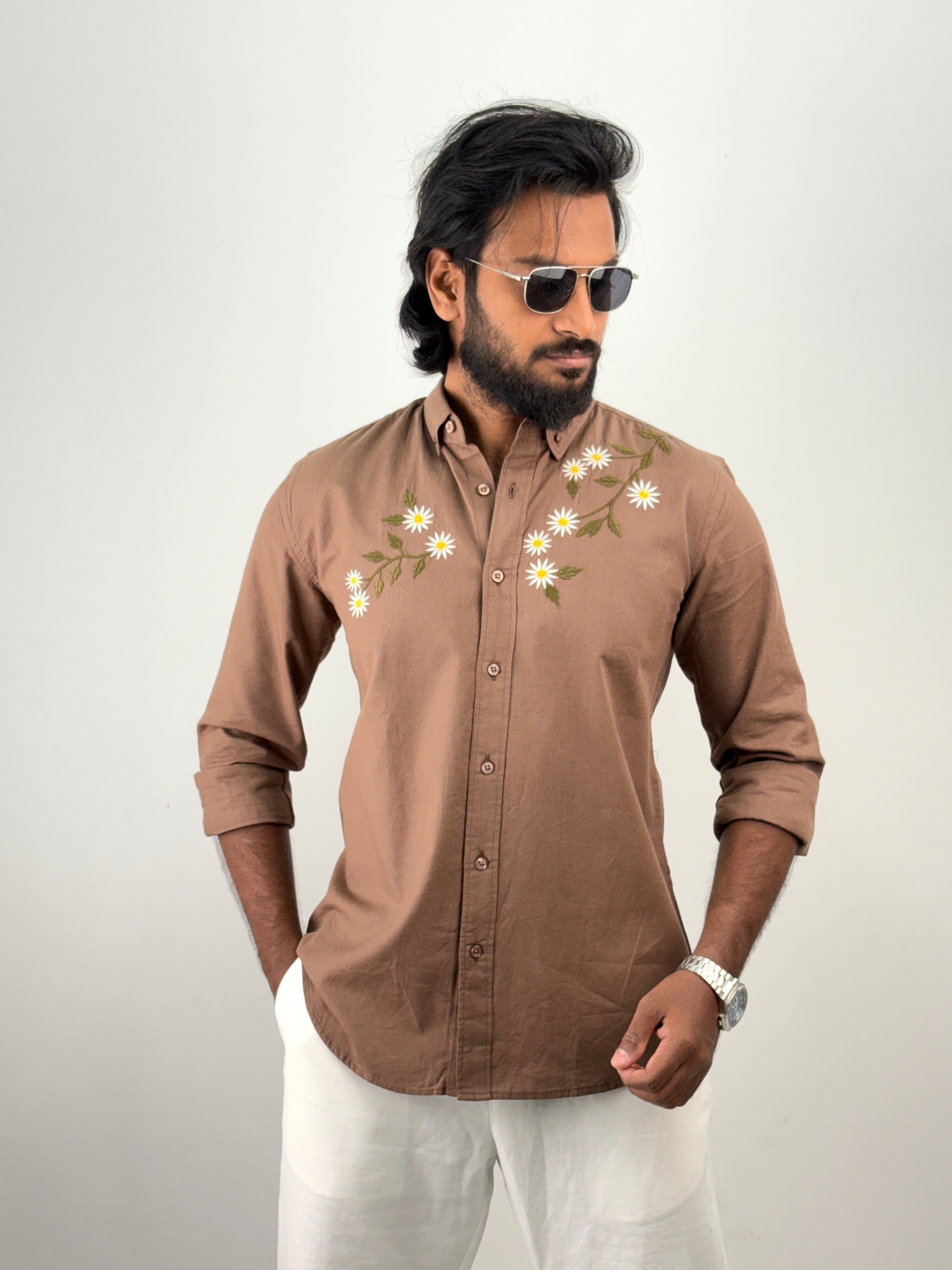 Brown Linen  Embroidery Shirt