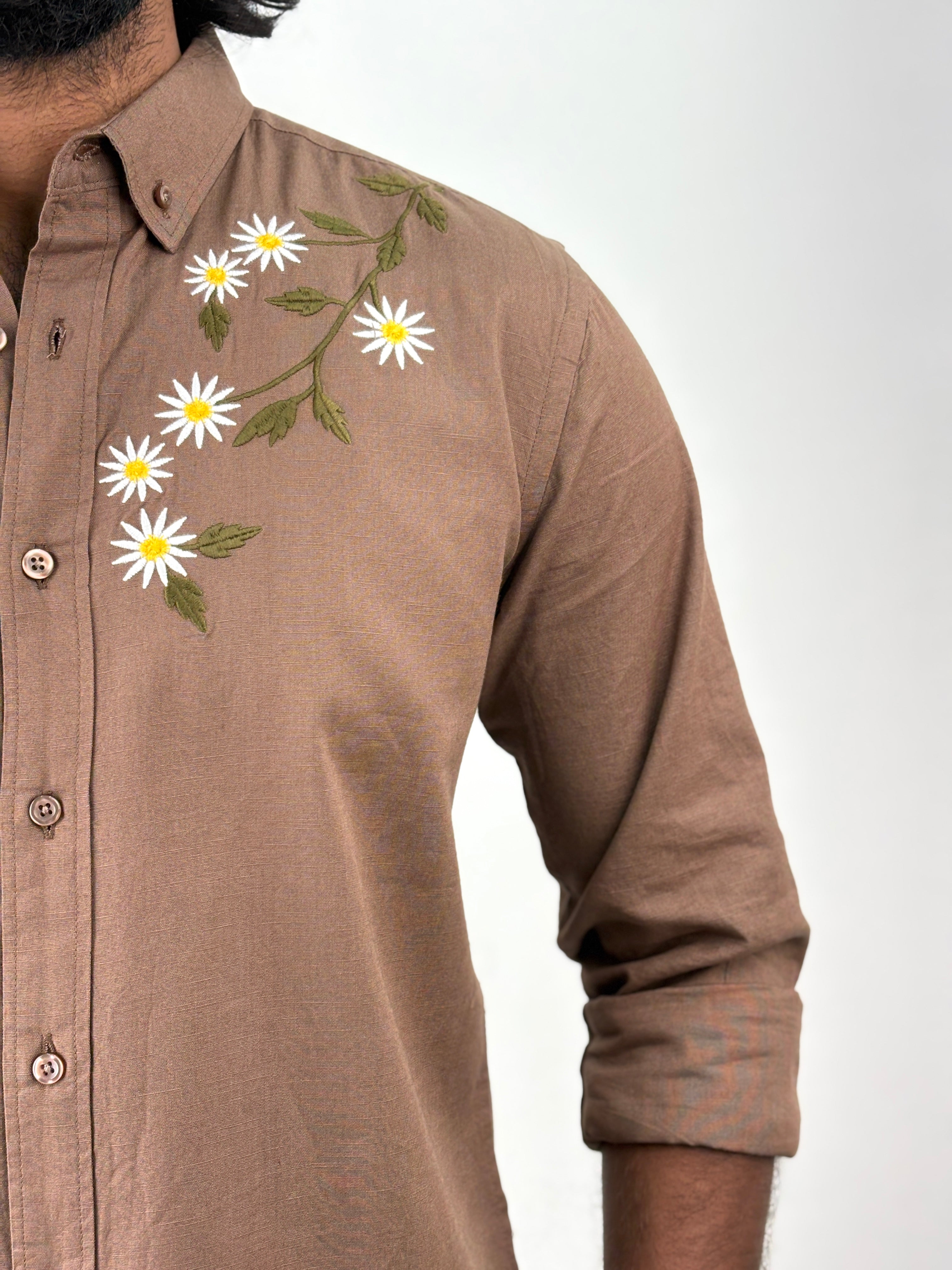 Brown Linen  Embroidery Shirt