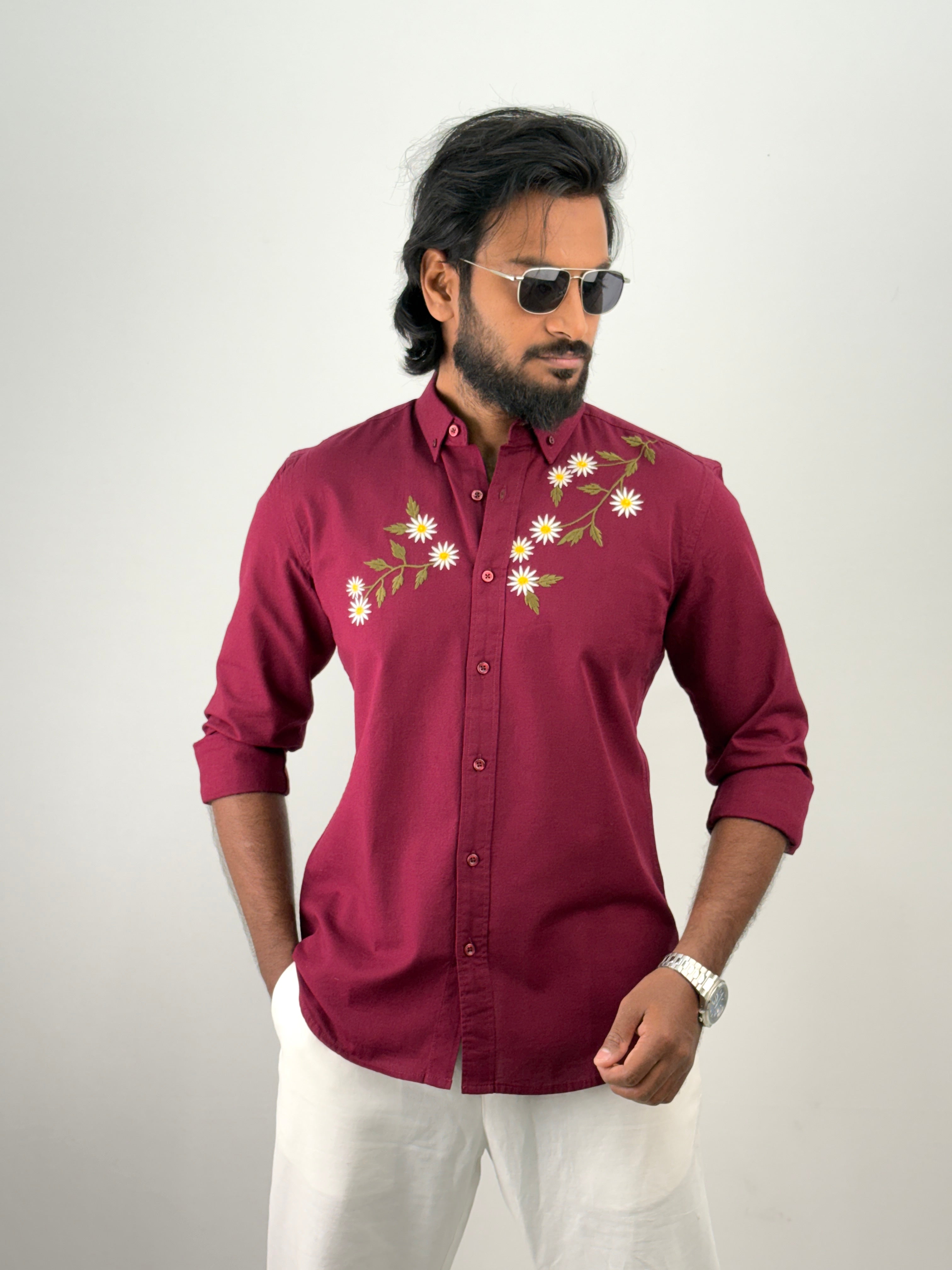Maroon Linen  Embroidery Shirt
