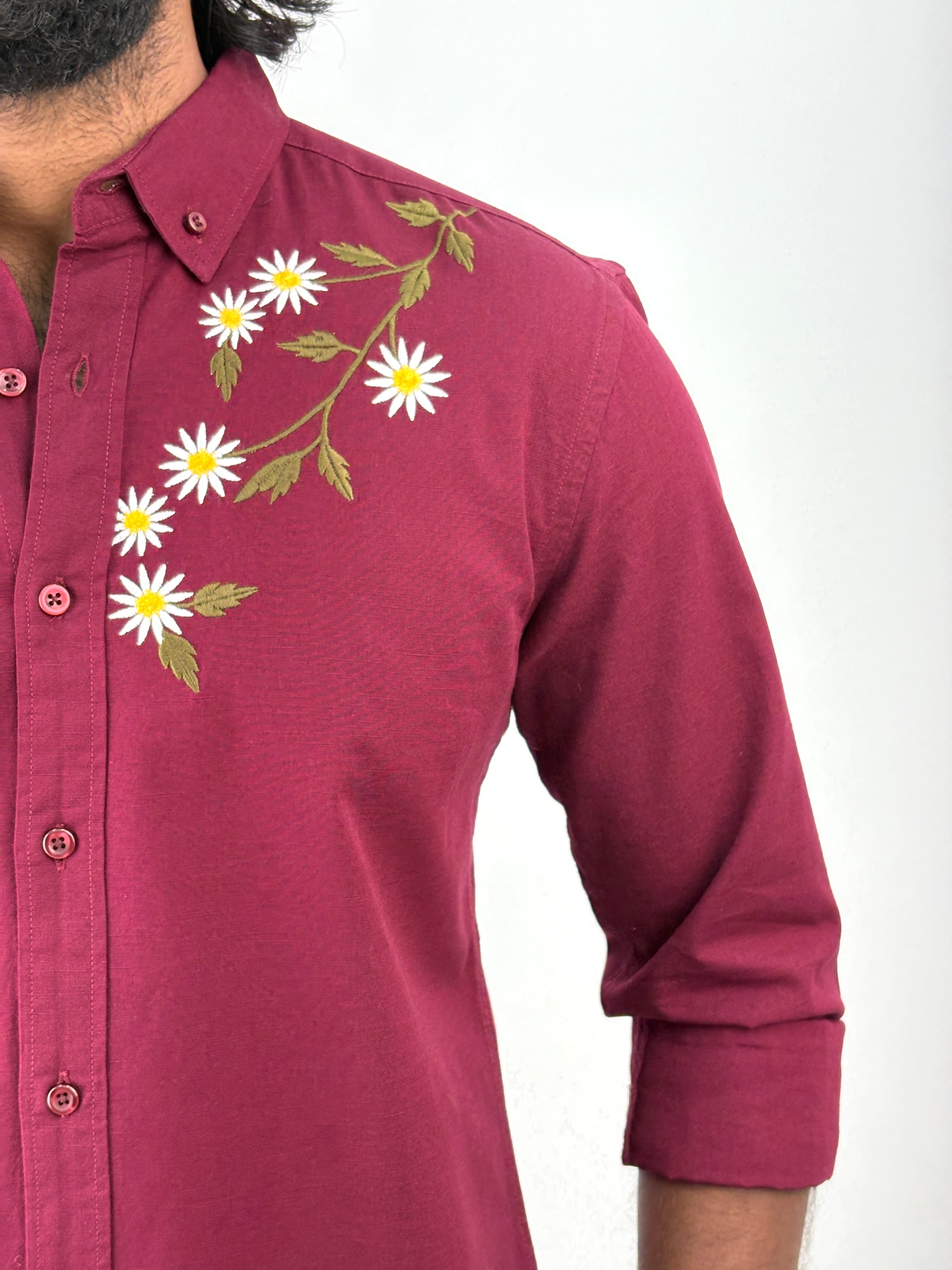Maroon Linen  Embroidery Shirt