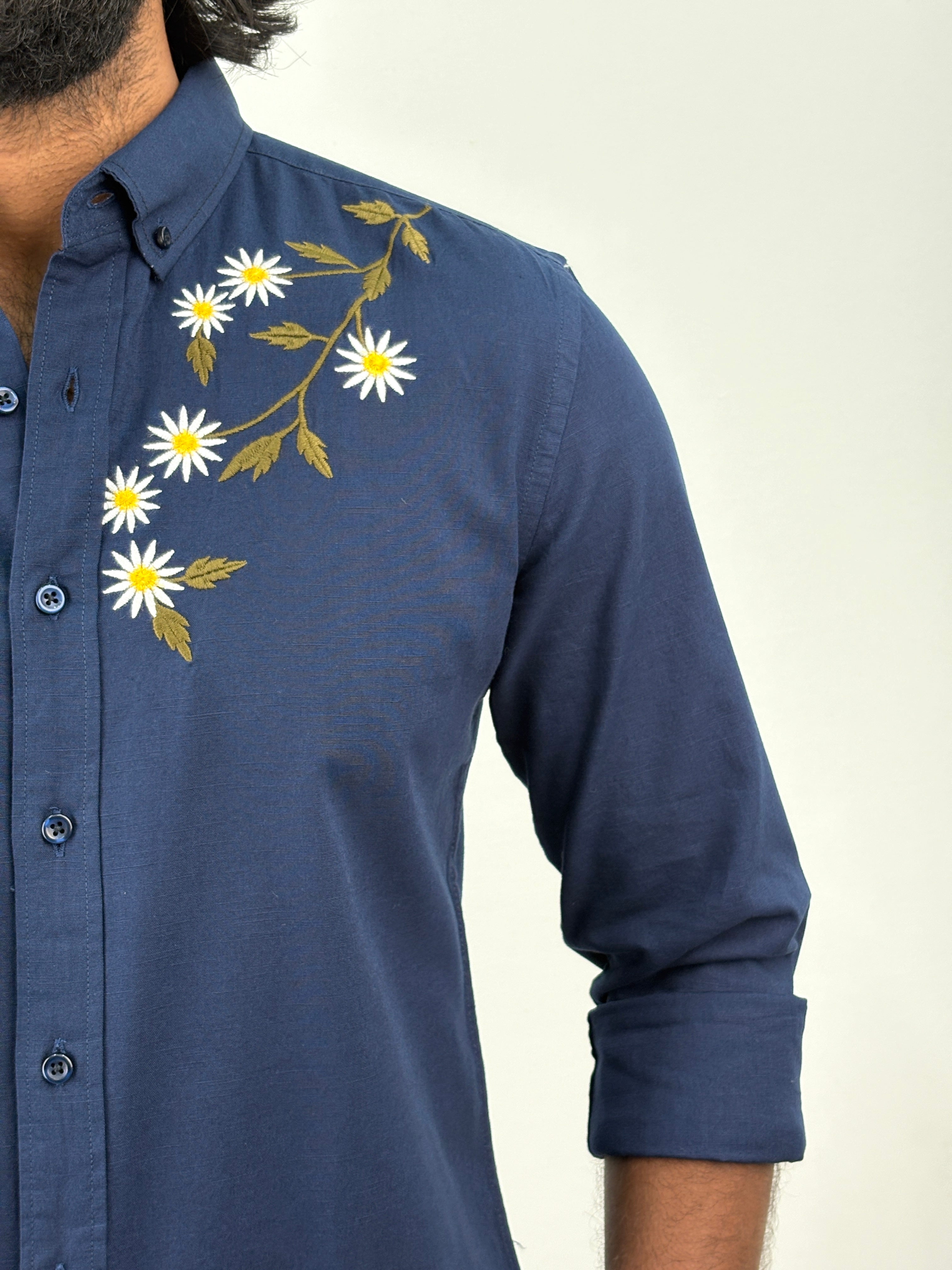 Navy Linen  Embroidery Shirt