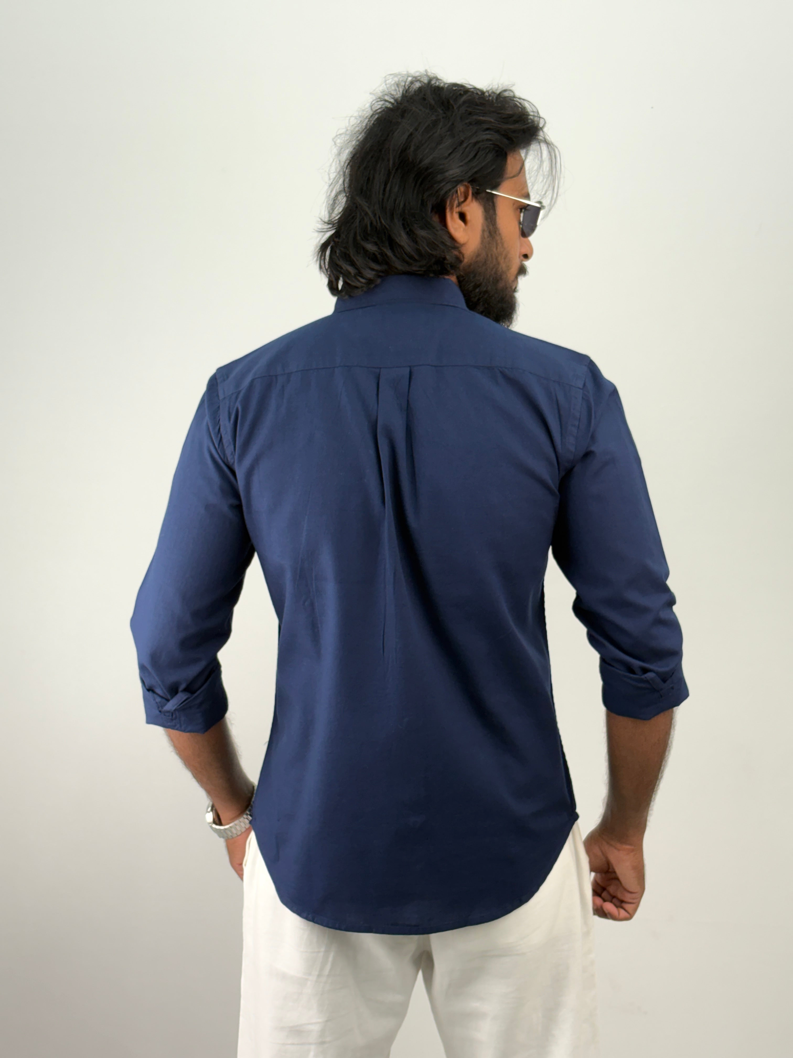 Navy Linen  Embroidery Shirt