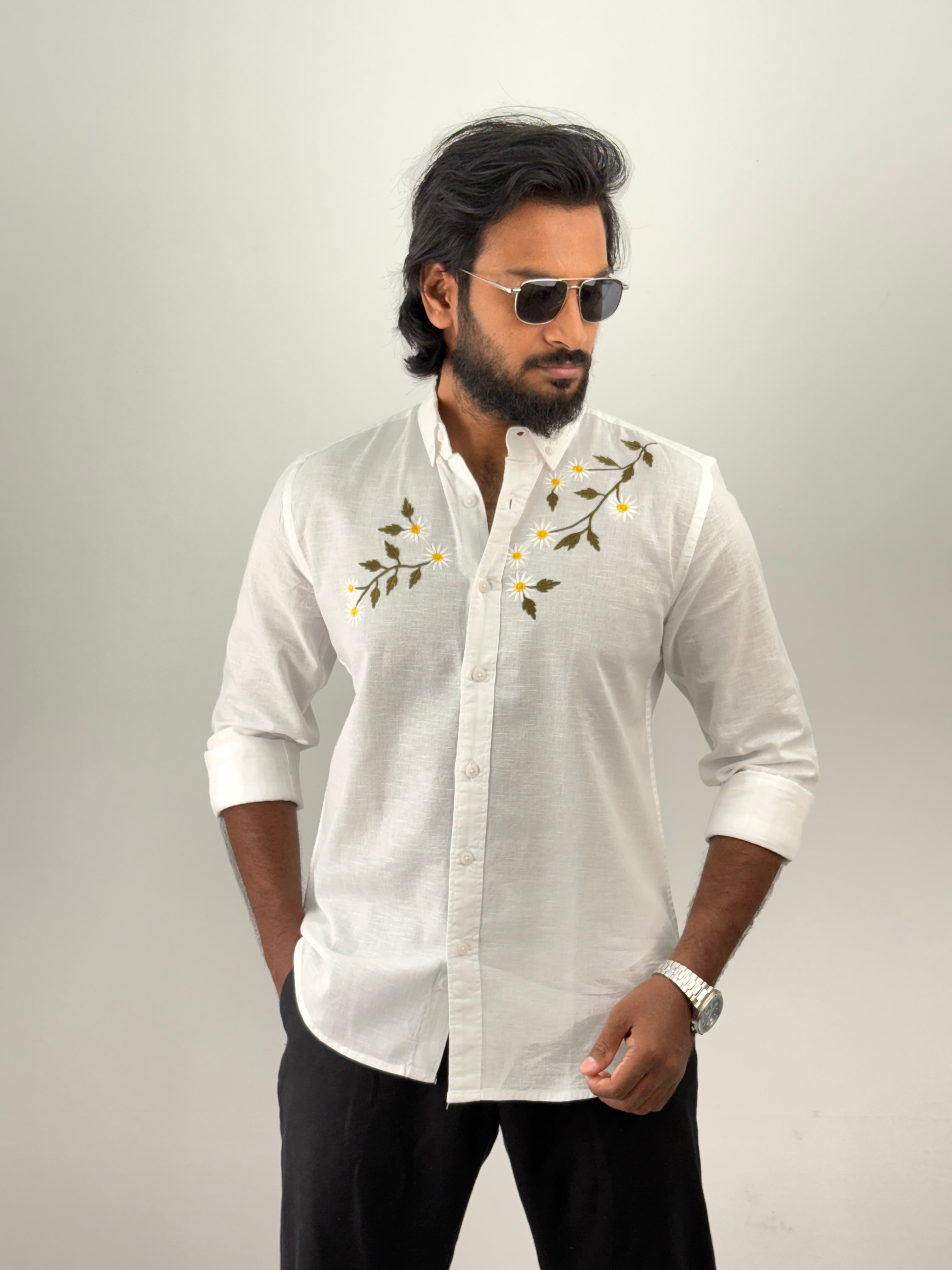 White Linen  Embroidery Shirt