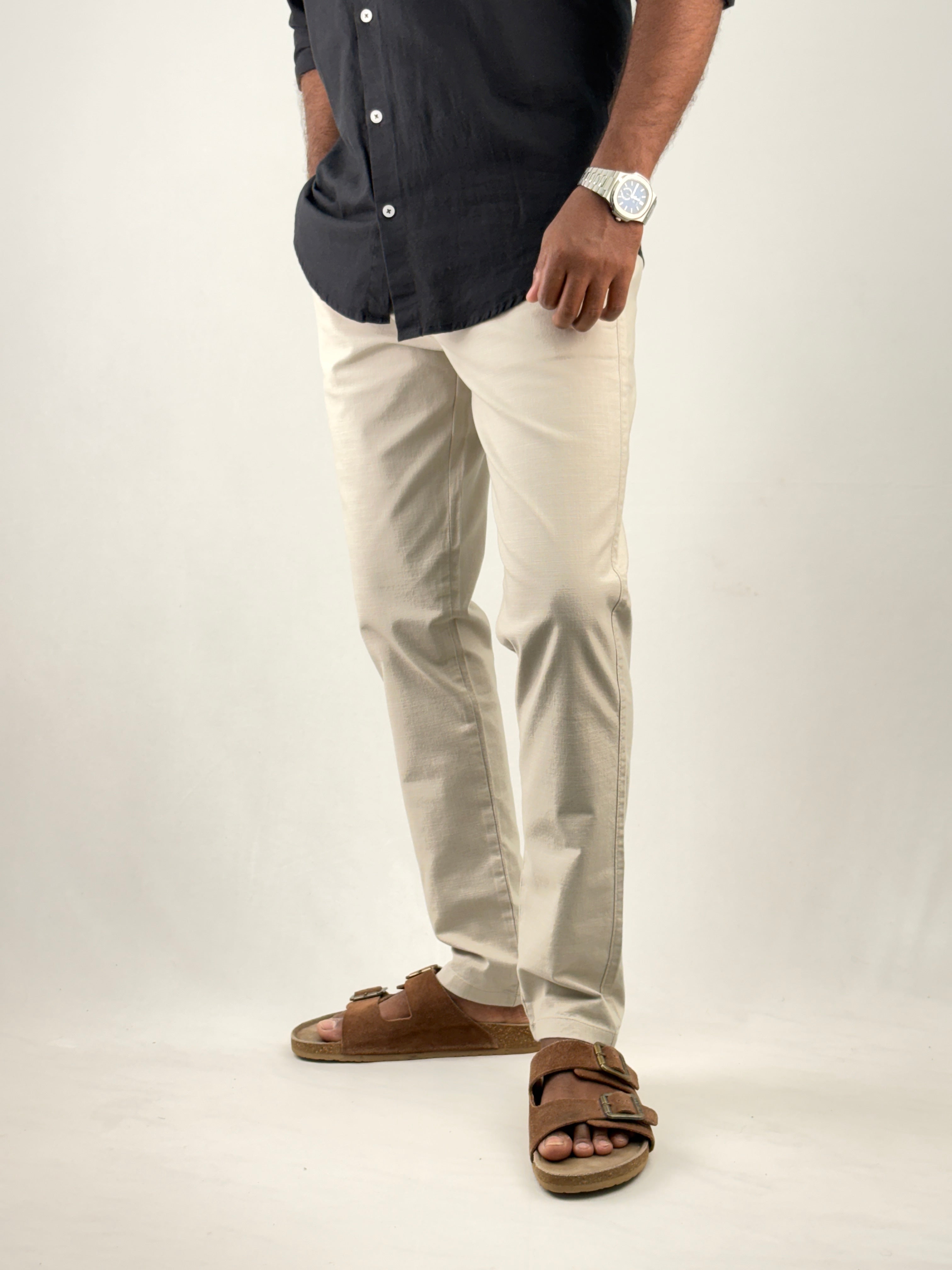 Beige Slim Fit Linen Pant