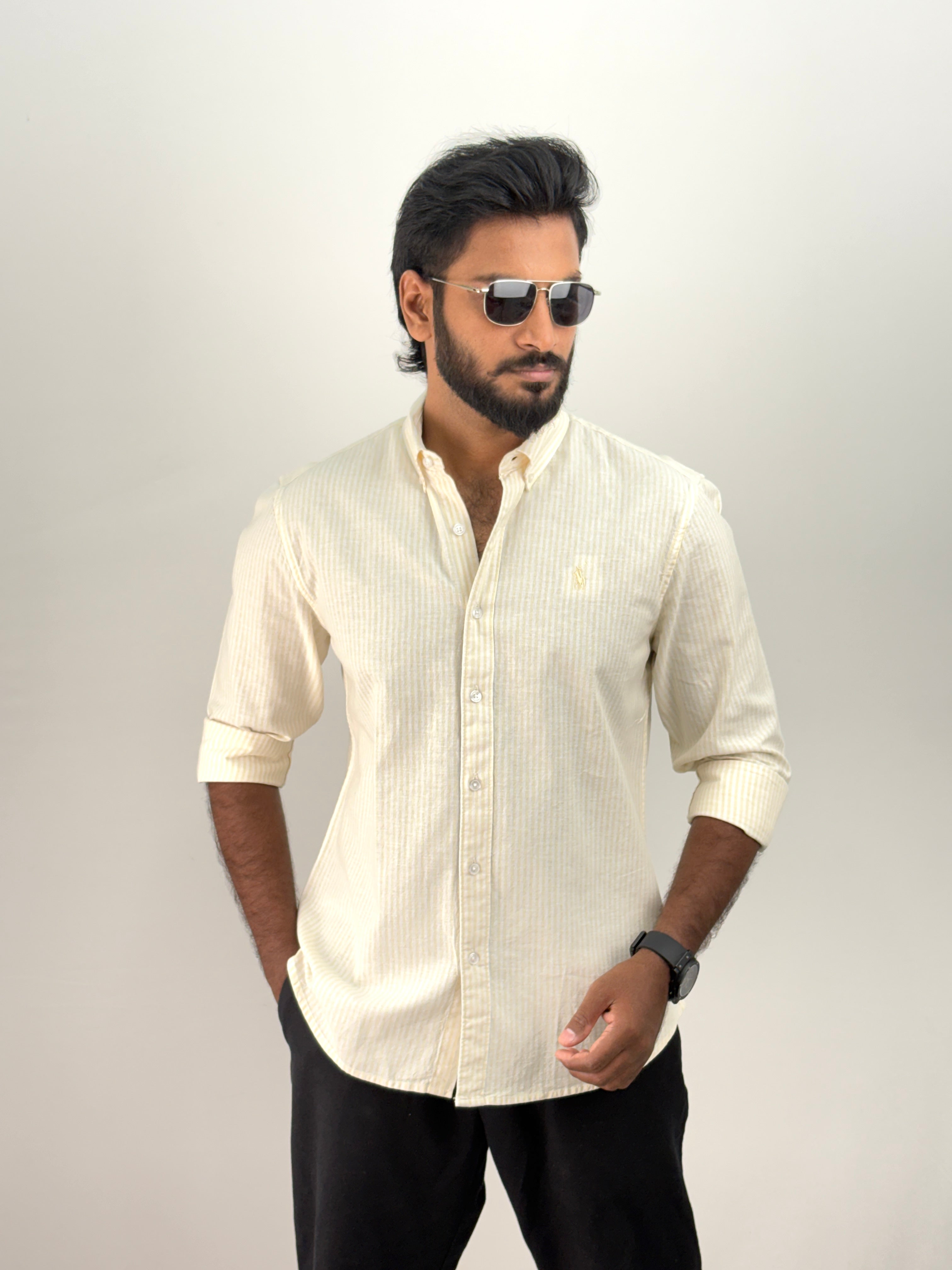 Yellow Old Money Linen Stripe Shirt 1